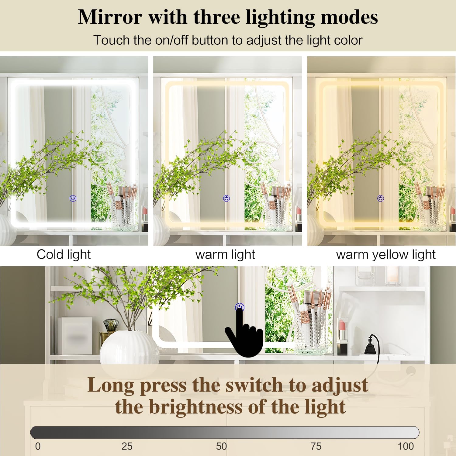Makeup Vanity Desk with Mirror and Lights, Vanity Desk with 8 Drawers & Storage Shelves, Vanity Table with Power Outlet, 3 Color Modes & Adjustable Brightness Dressing Table, Bedroom, White - Image 4