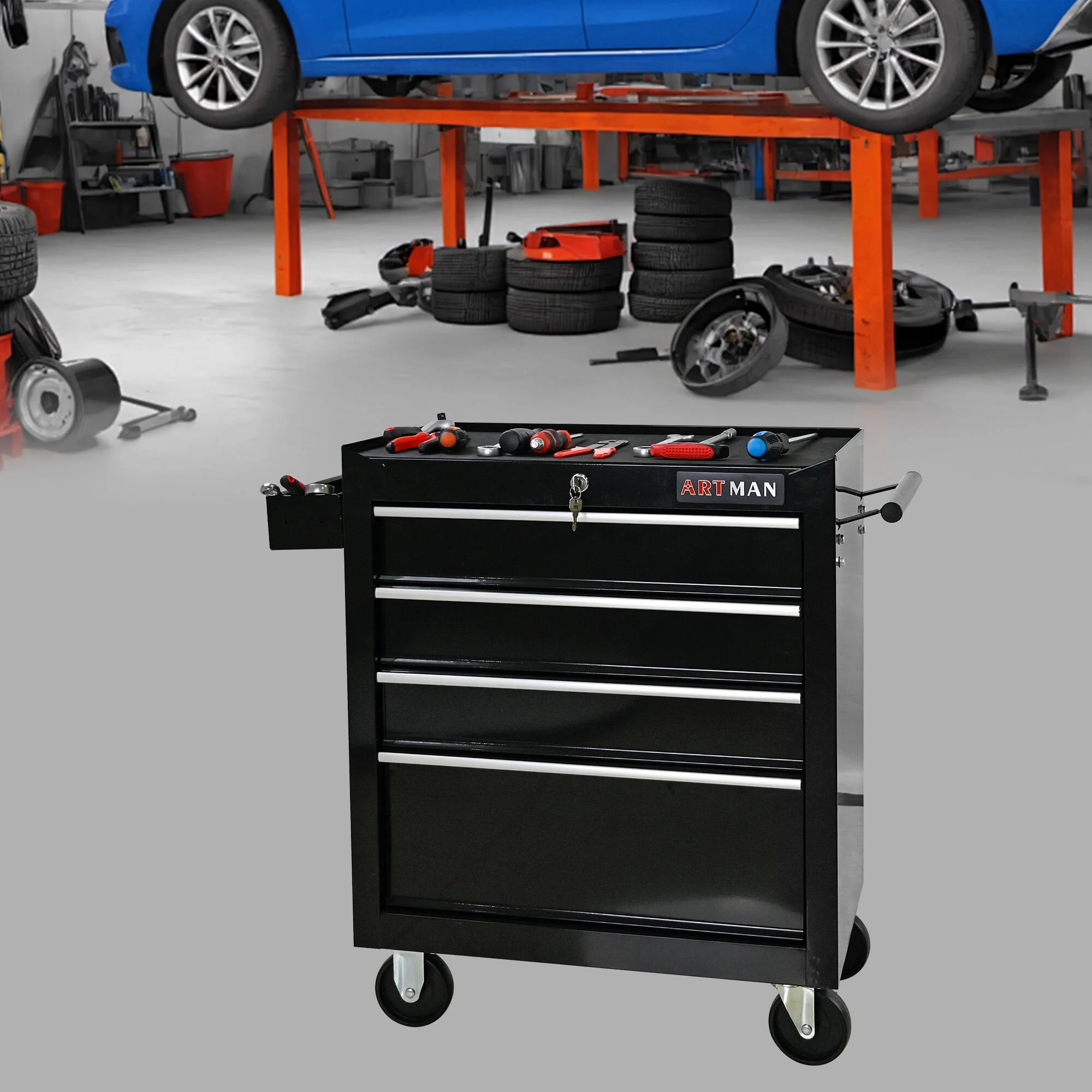 Tool Cabinets Rolling Tool Chest, 4 Drawer Tool Box with Wheels, Heavy Duty Industrial Service Cart Storage Organizer with Locking System, Rolling Tool Box Organizer Tool Case for Garage, Repair Shop - Image 2