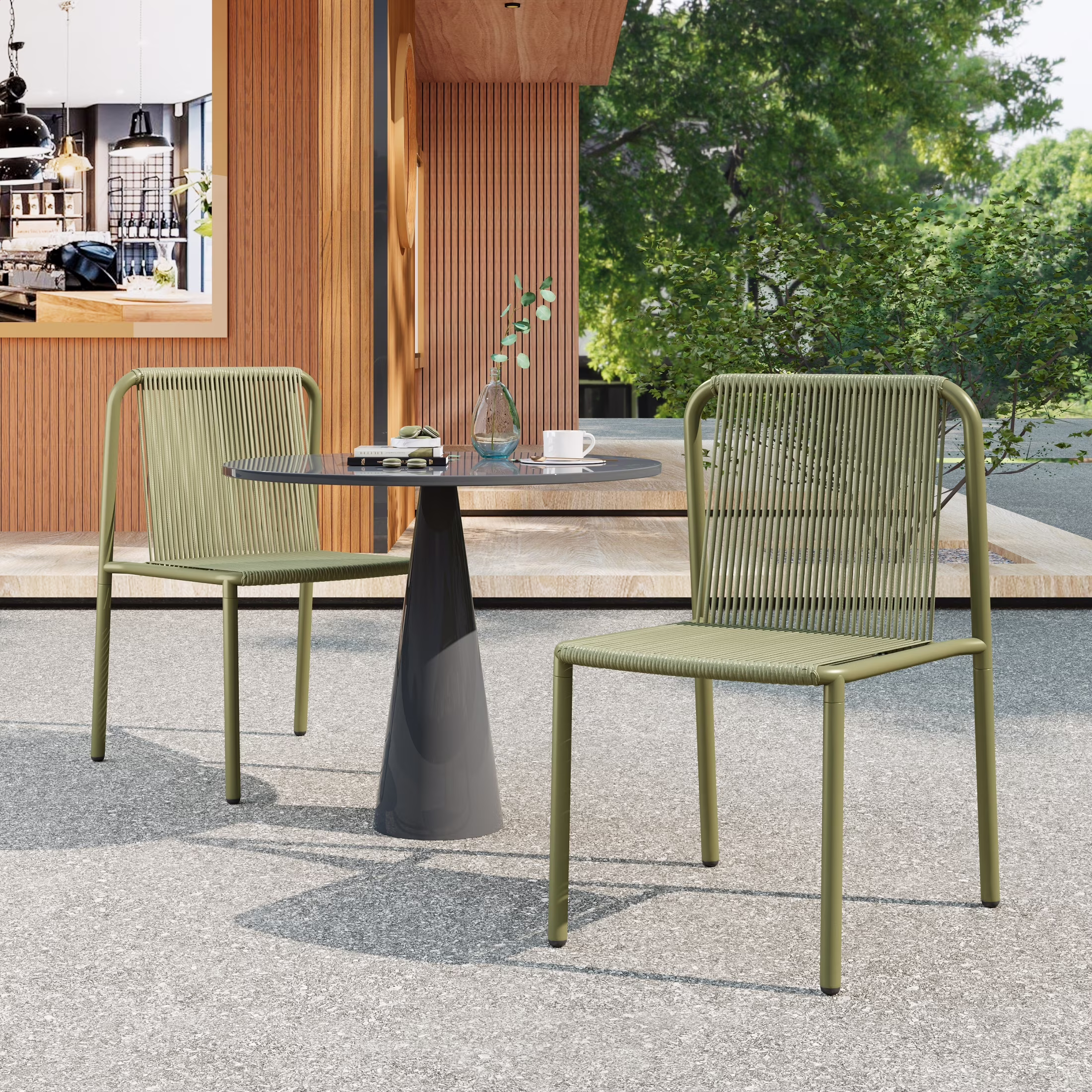 Christopher Knight Home Modern Rattan Patio Dining Chairs, Metal Frame, Green, Set of 2