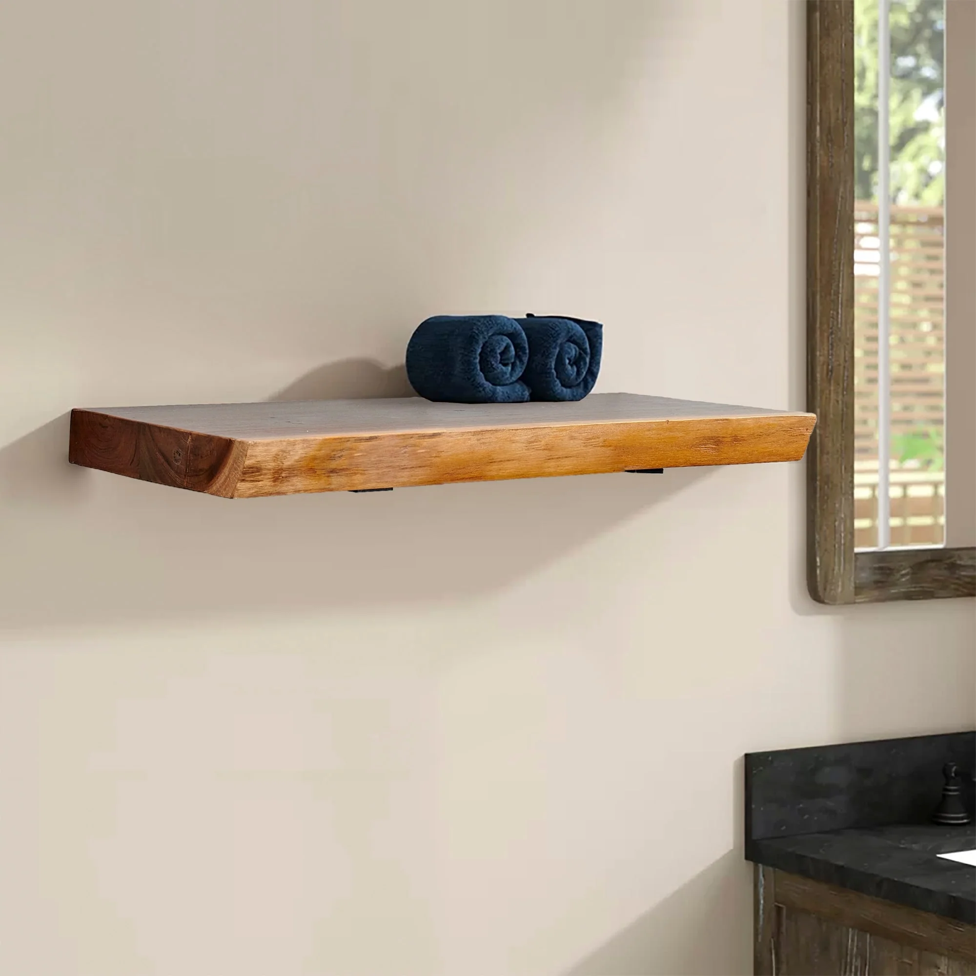 1 Piece Teak Wood Wall Shelf with Live Edge, Rustic Floating Shelf for Home Decor - Image 16