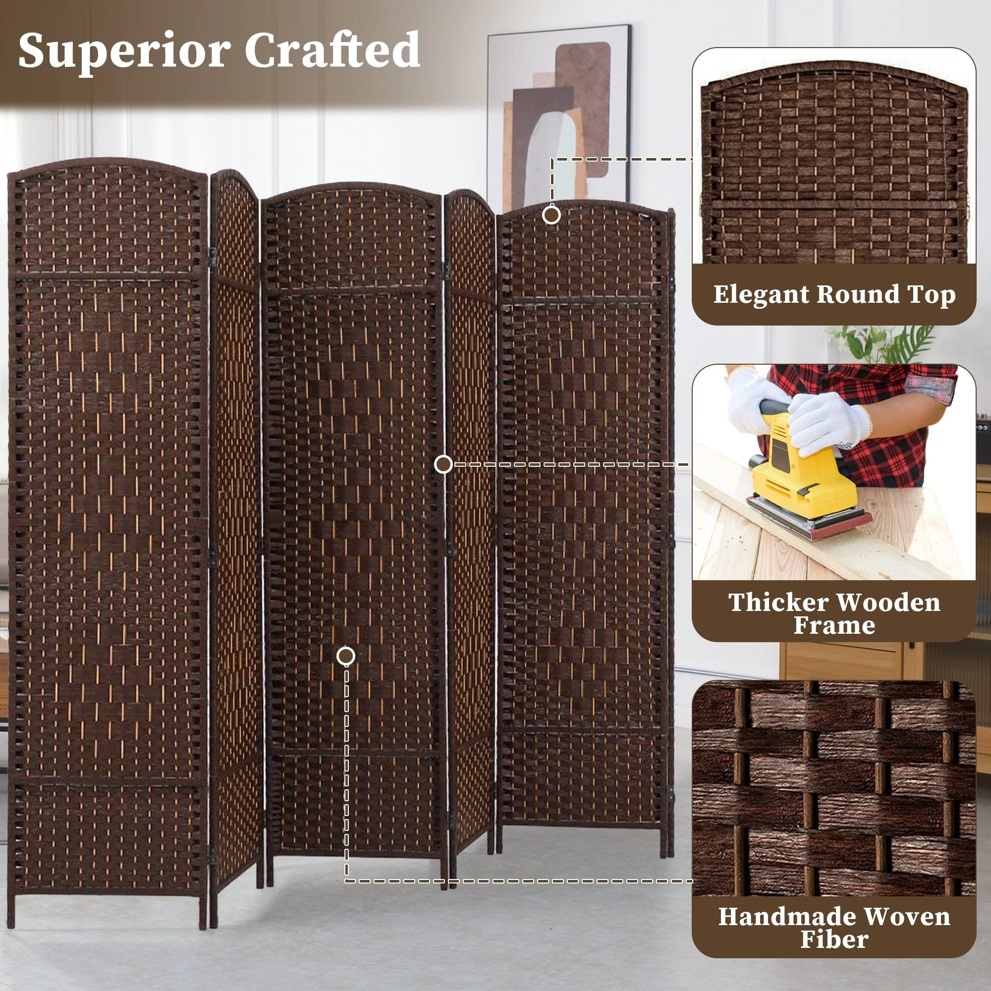 6 FT Tall Woven Fiber Room Divider, Freestanding Folding Privacy Screen - Image 30