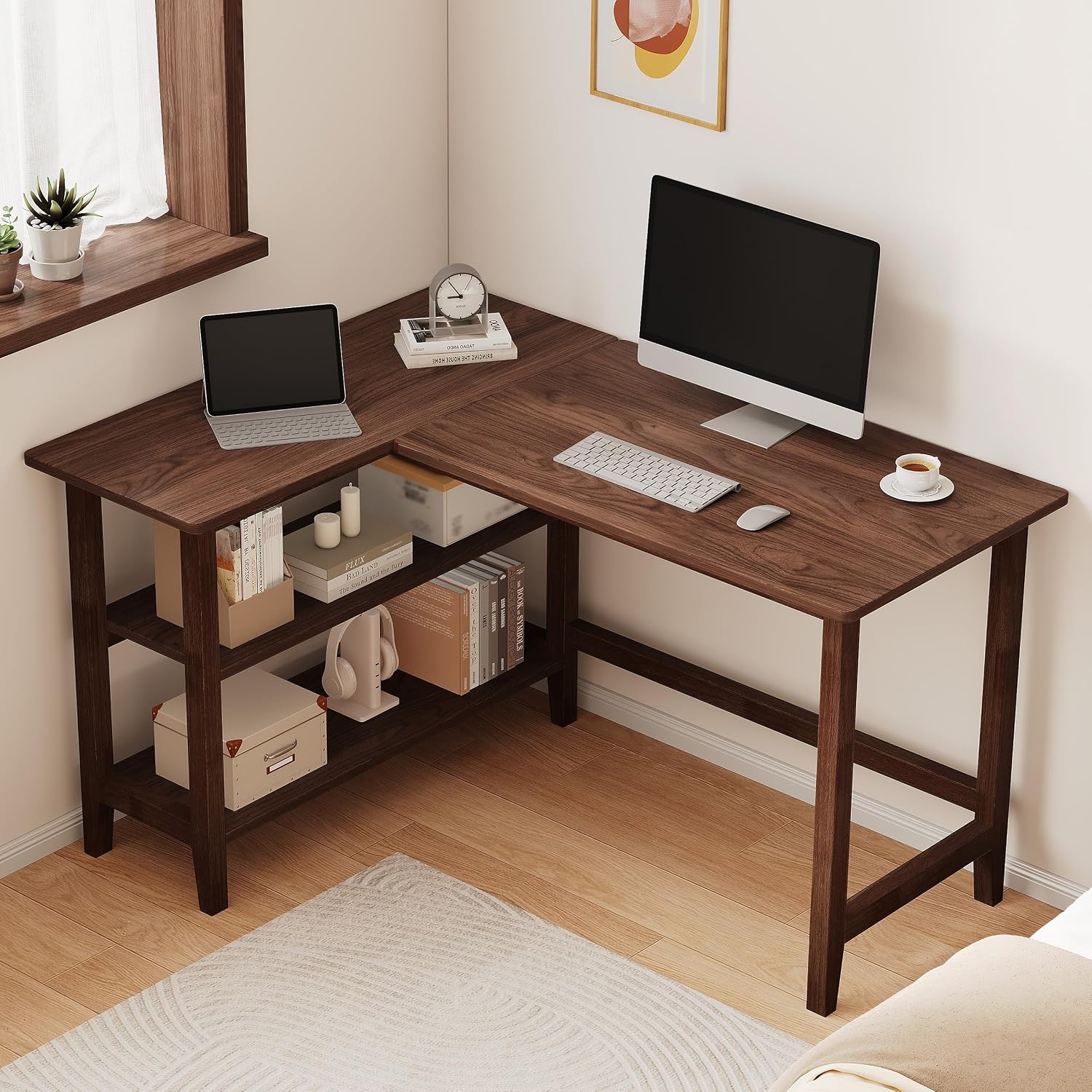 45" Reversible L-Shaped Office Desk with Storage Shelves, Walnut - Image 6