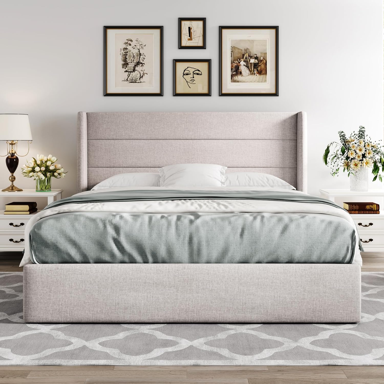 Queen Size Lift Up Storage Bed with Wingback Headboard, Upholstered Platform Bed Frame with Hidden Storage - Image 54