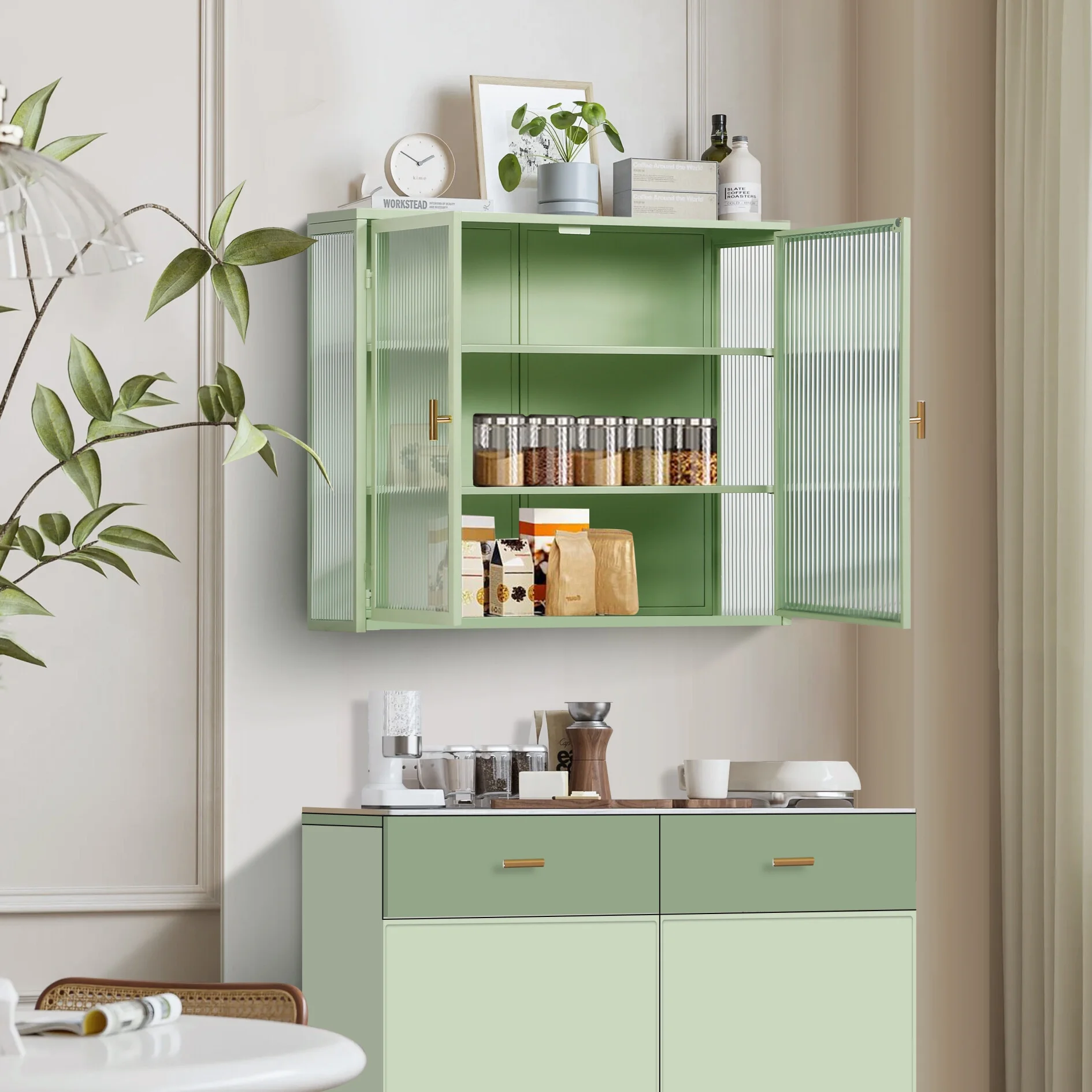 Two-door Wall Cabinet, Modern Kitchen Wall Mounted Cabinet with 2 Glass Doors, Two-tier Enclosed Storage, an Open Shelf, Towel Rack, Metal Wall Cabinet for Entryway, Living Room, Bathroom, White - Image 19