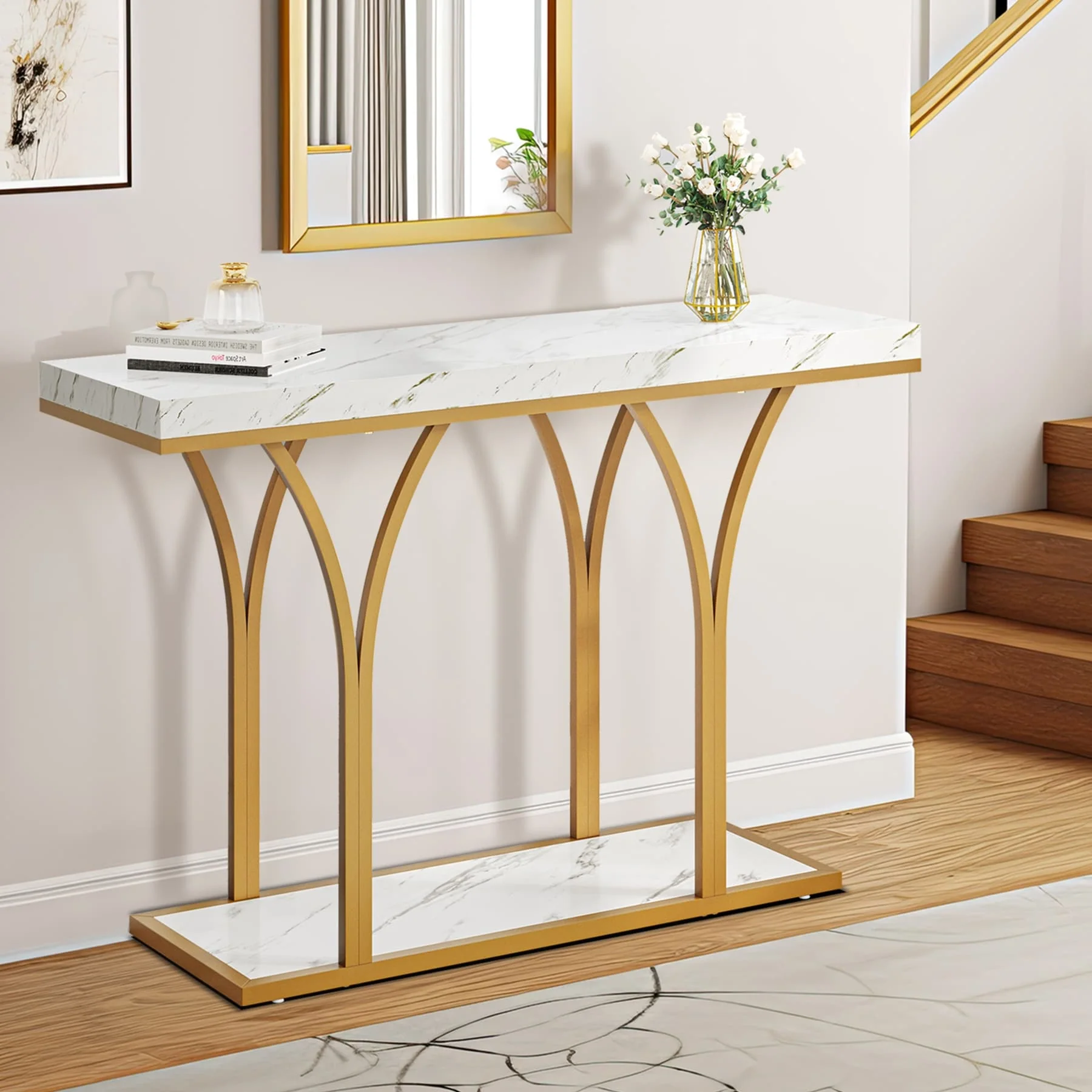 Modern Gold Console Table with Marbled Top, Sofa Table for Entryway and Hallway - Image 35