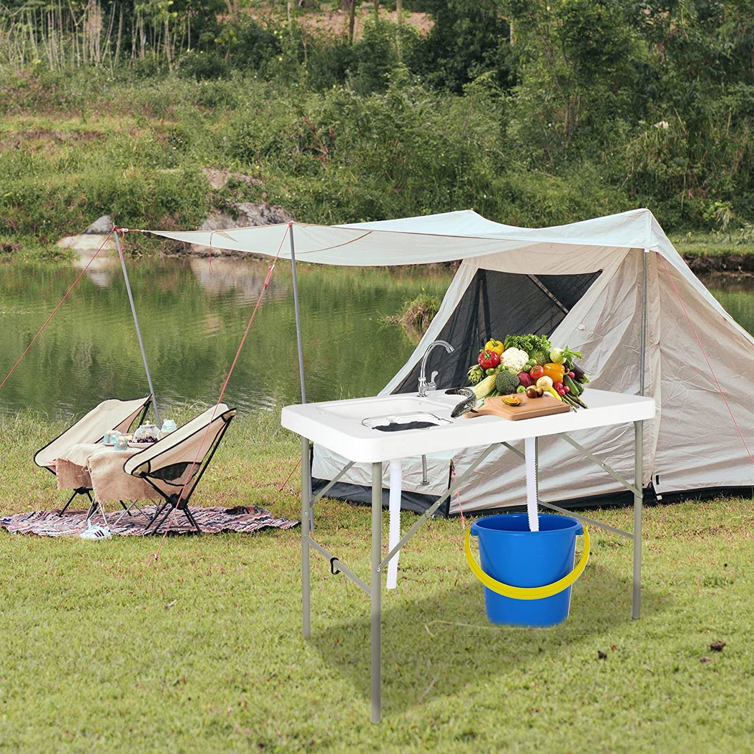 Folding Fish Cleaning Table, Outdoor Camping Sink Station with Sink & Faucet Drainage Hoses, Portable Camping Sink Table for Beach Fishing Patio Picnic - Image 6