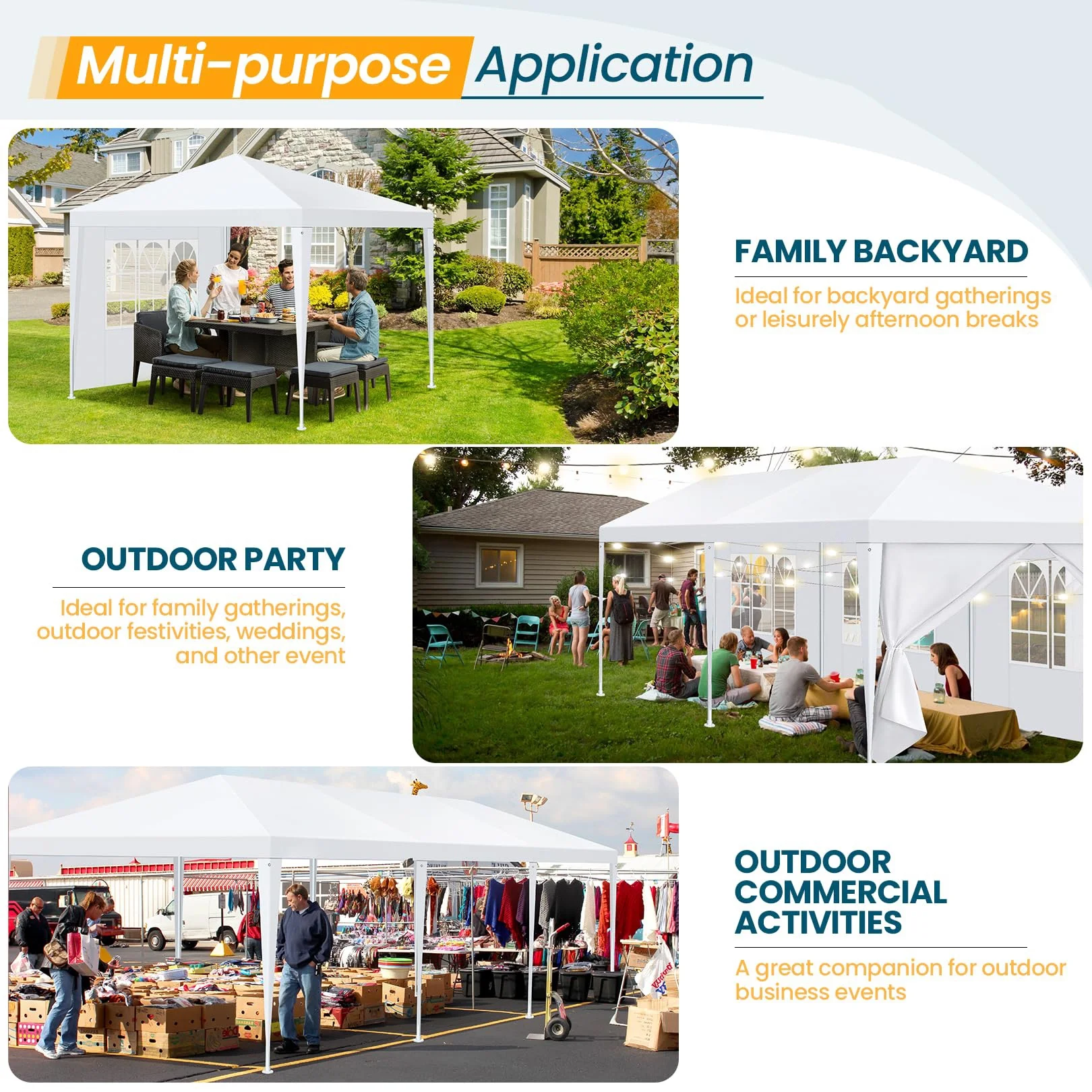 Hoteel Party Tent 10x20 Canopy Tents for Parties with 4 Removable Sidewalls, Patio Camping Gazebo, Portable Tent for Parties, Weddings, BBQ, Waterproof, White - Image 15