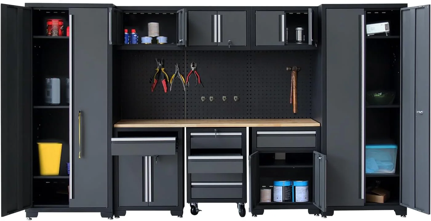 HPDMC Garage Storage Cabinet System 9-Pcs Workshop Set Metal Garage Cabinets and Storage System with Steel Cabinet Drawers, Rolling Chest, Workbench, Pegboard for Garage Tool Organization - Image 8