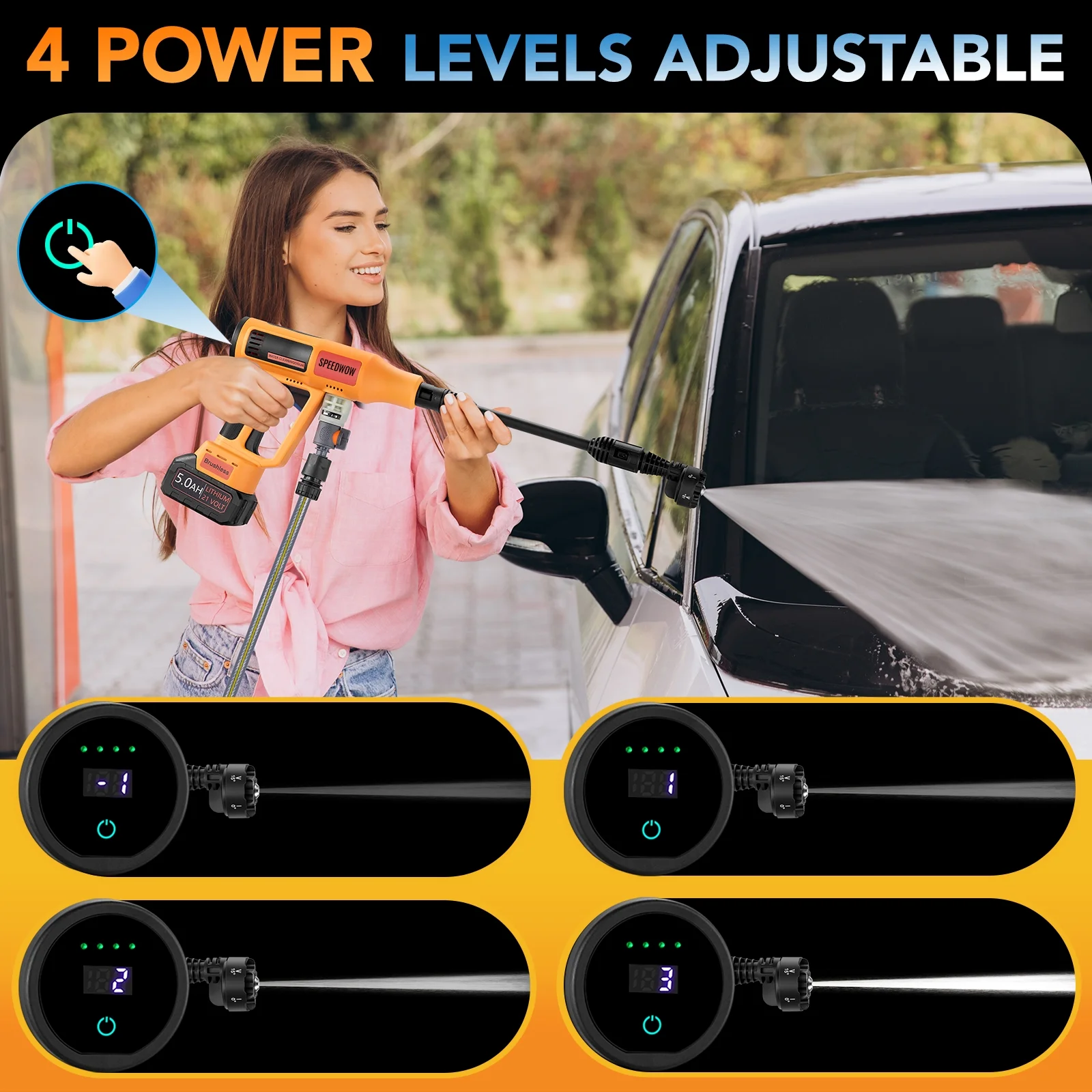 Filluck 1060PSI Cordless Pressure Washer, Portable Handheld High-Pressure Car Washer with 5.0Ah Long-Lasting Battery, 3-Speed Adjustable, 2.8GPM, 6-in-1 Nozzle for Car Cleaning/Garden/Floor - Image 14