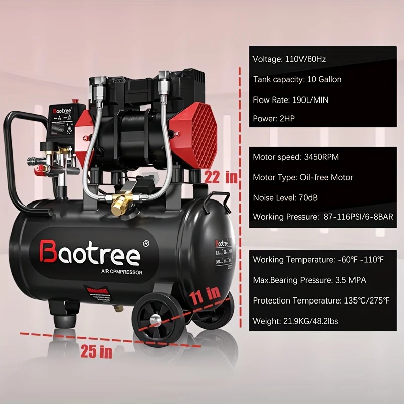 Datingday Ultra Quiet Air 8 Gallon 1.6HP Compressor with Two Quick Couplers & Wheels,Fast 60-Second Inflation & Auto Safety Features ,Max 115 PSI Oil-Free Air Compressor Tank for Home/Commercial Use - Image 14