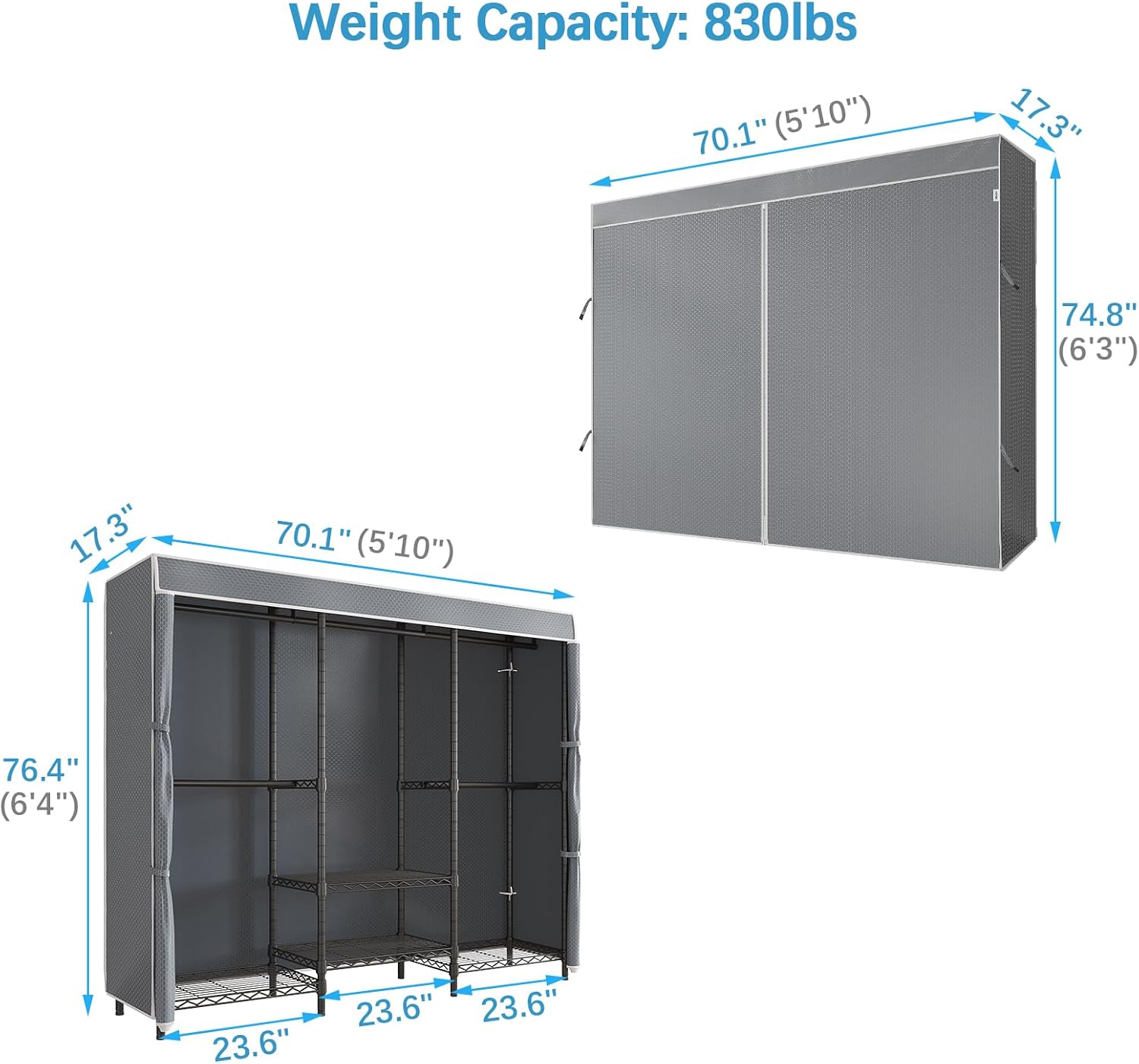 V5C SE Covered Garment Rack Heavy Duty Clothes Rack with Cover and Adjustable Shelves, Freestanding Portable Closet Racks Clothes Storage Wardrobe Closets, Black Clothing Racks with Grey Cover - Image 3