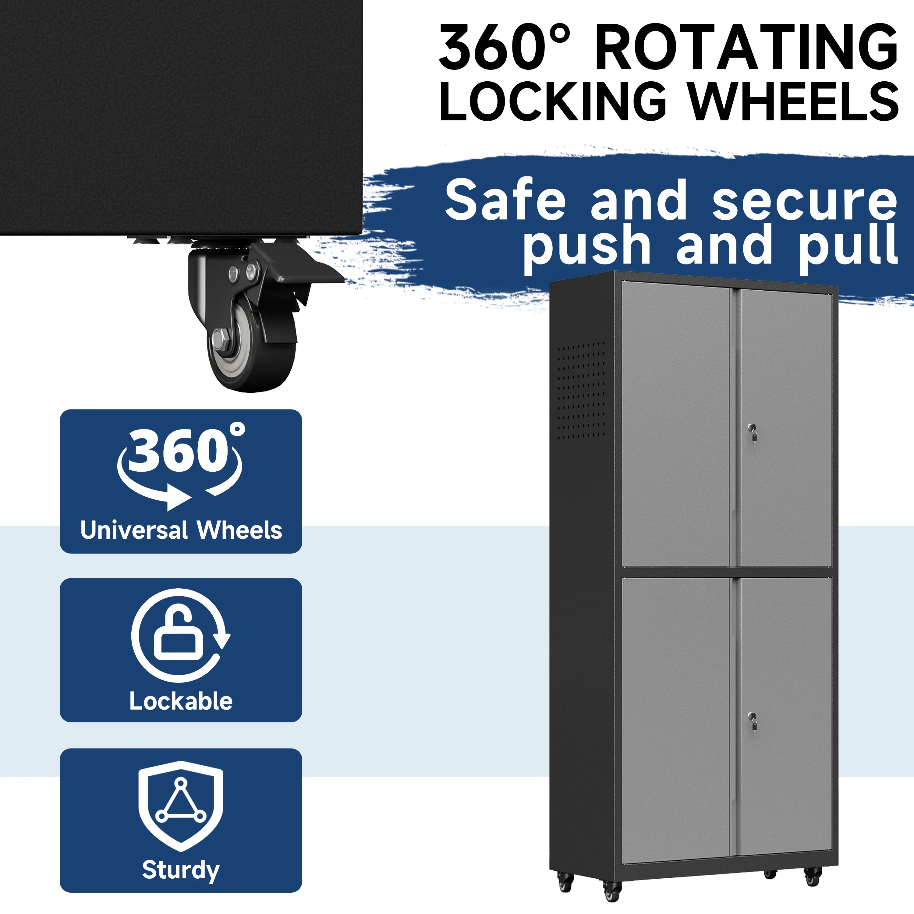Metal Storage Cabinet with Wheels,Tool Storage Cabinet with Doors and Shelves Adjustable,Heavy Duty Garage Storage Cabinet,Steel Locking Storage Cabinet for Garage/Warehouse/Office/School/Home-Black - Image 24