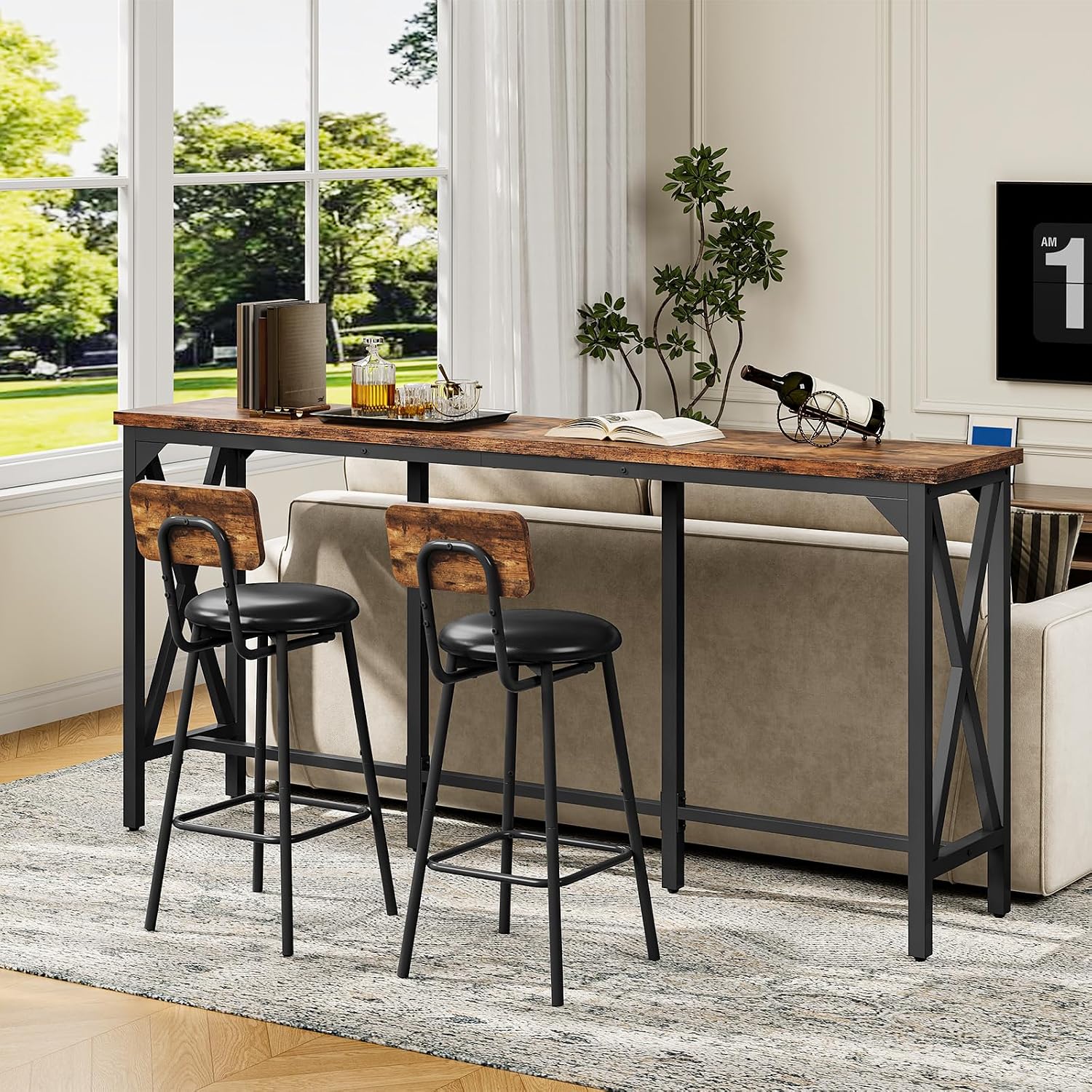 Bar Table and Chairs Set, Counter Height Table and Chairs with X-Shaped Supports, 1 Pub Table and 2 Chairs, for Dining Room, Living Room, Home Bar, Rustic Brown and Black - Image 4