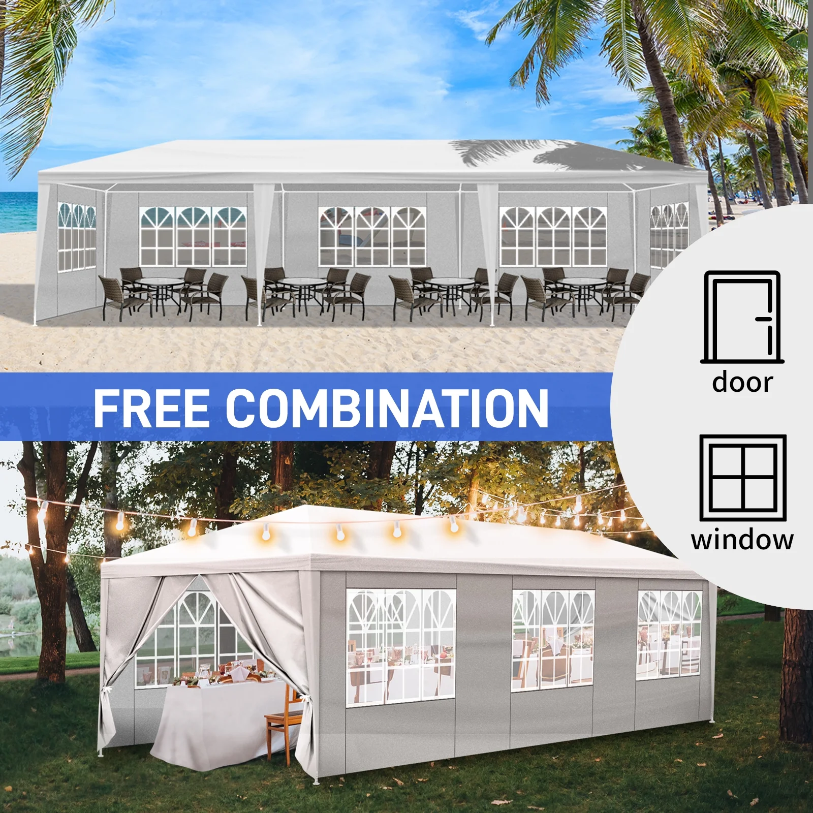 10'x30' White Outdoor Party Tent Gazebo - Waterproof PE Canopy with 8 Removable Sidewalls & Windows, Heavy Duty Iron Frame for Weddings, Events, Patios & Backyards - Image 8