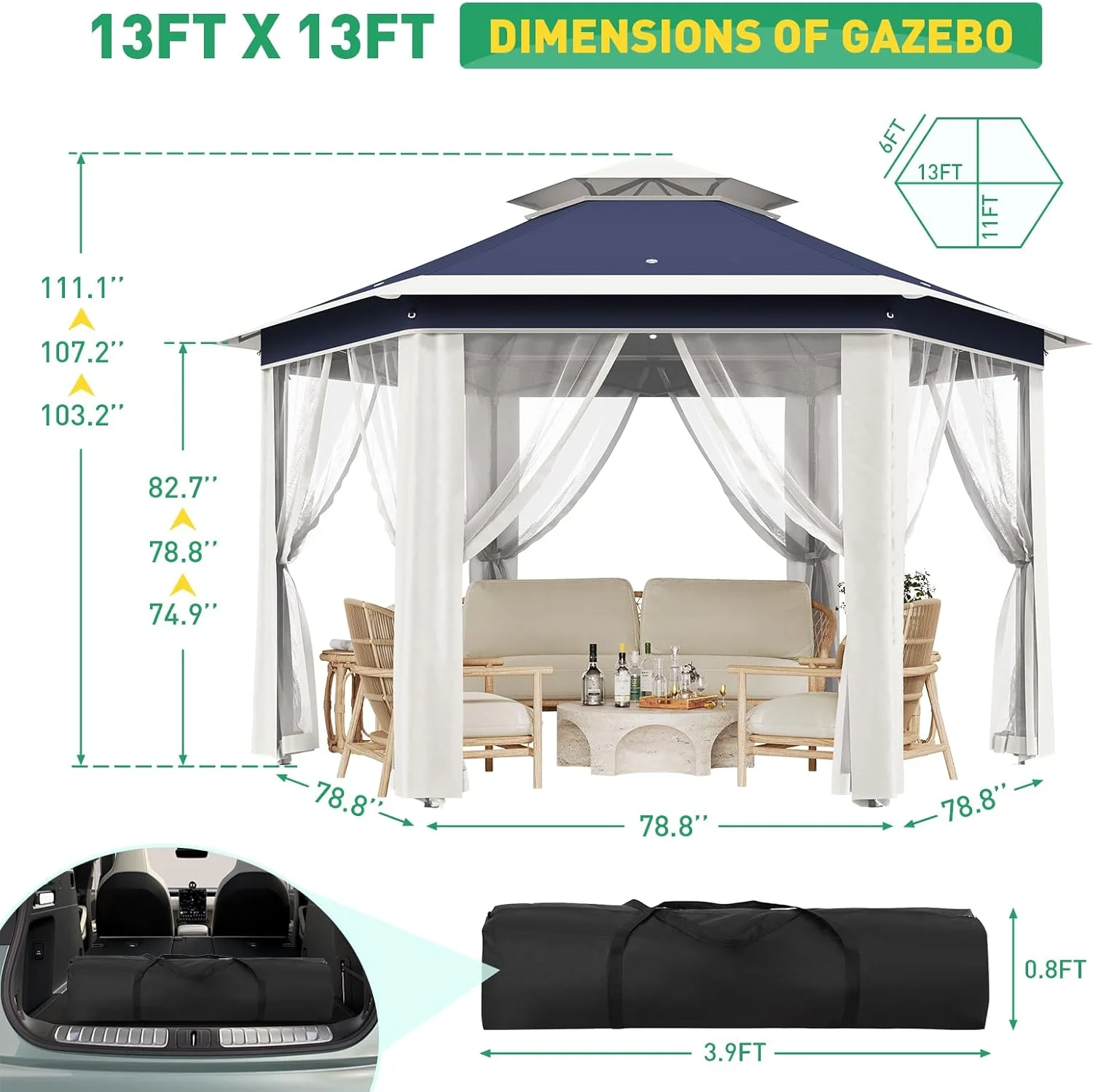 Pop Up Gazebo 13x13ft, Hexagonal Outdoor Canopy Shelter, Instant Patio Gazebo Tent with Mesh Netting and Strong Steel Frame for Patio Backyard Garden Wedding Party - Image 24