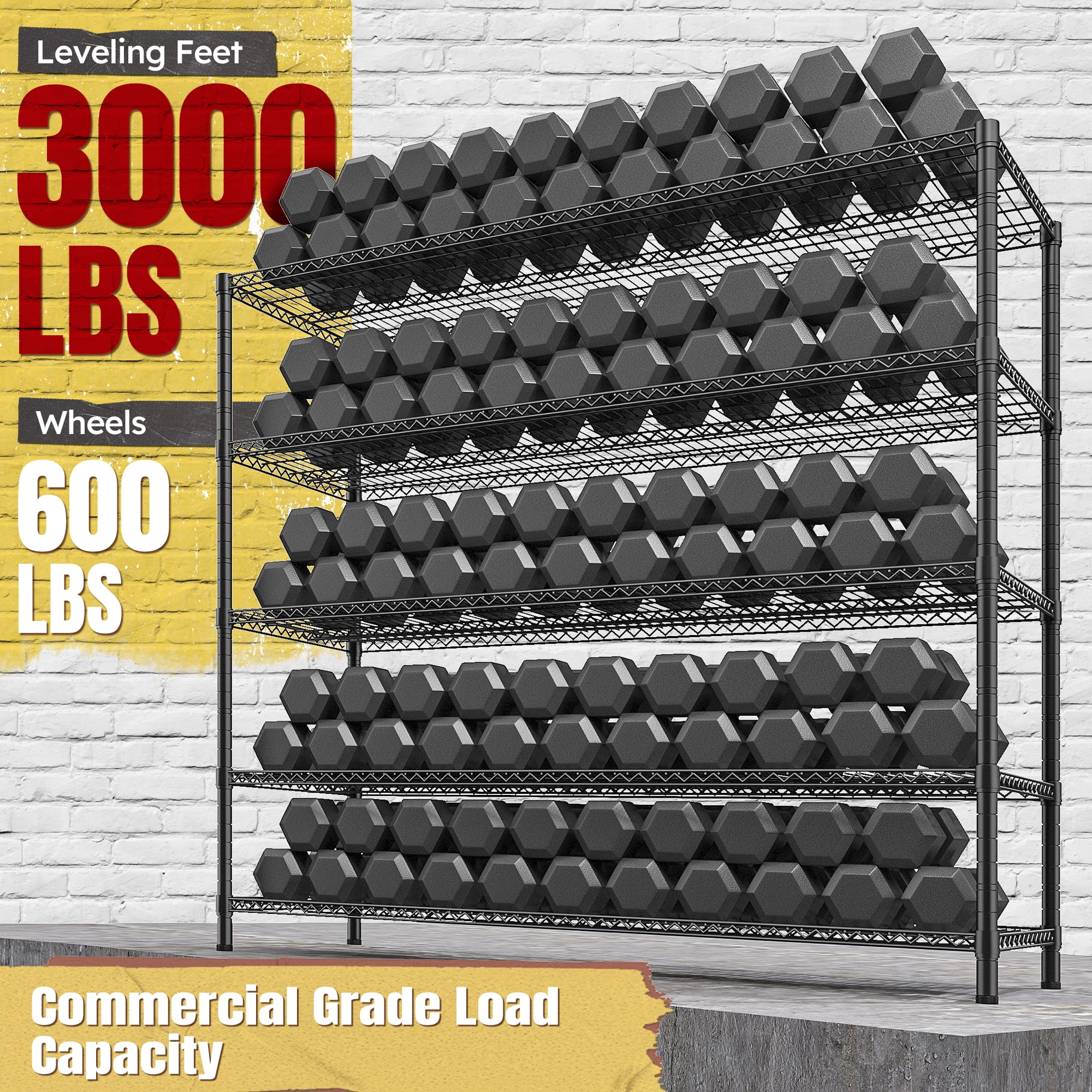 REIBII 85.7"H Storage Shelving Rack 5 Tier Wire Shelves with Wheels 3000Lbs Adjustable Garage Shelving Unit for Kitchen Pantry,55.2"W x 24.2"D - Image 4