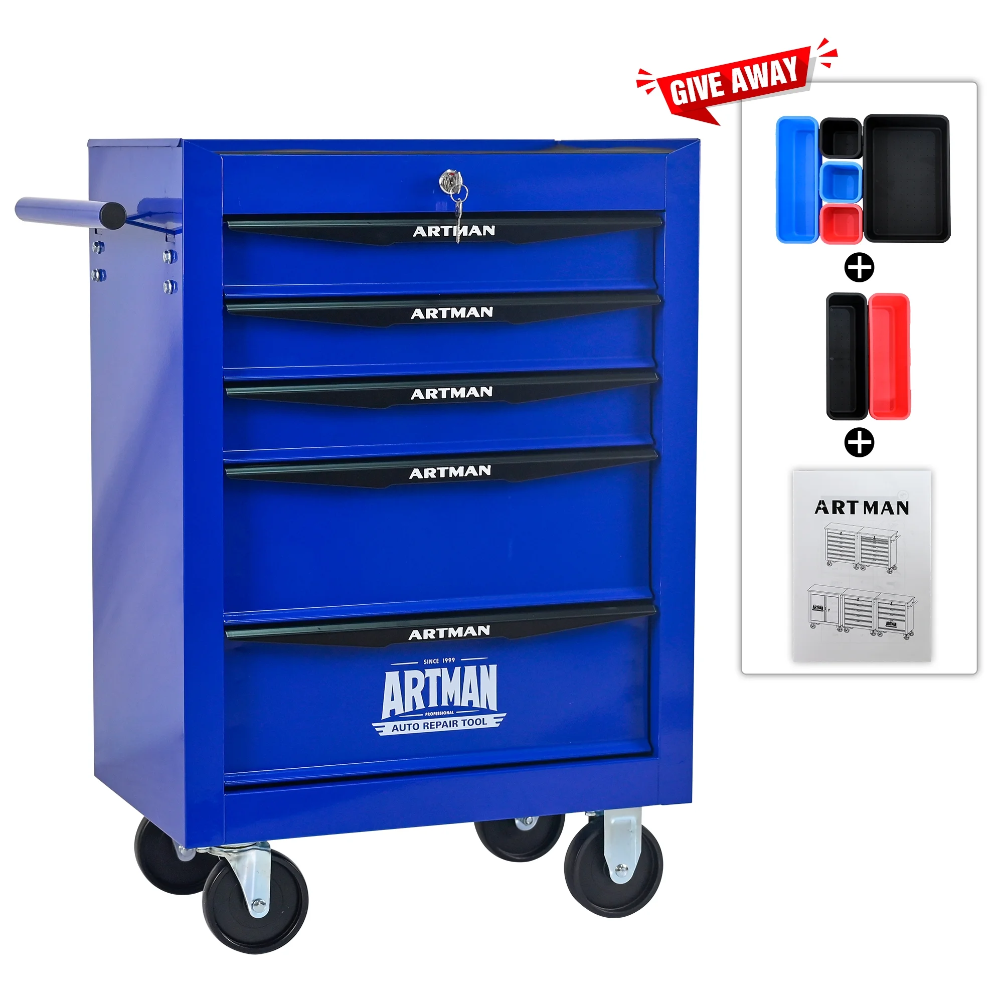 Rolling Metal Tool Chest Cabinet with 5 Drawers & Ball Bearing Drawer Slides, Steel Tool Storage Box Organizer -BLUE - Image 5