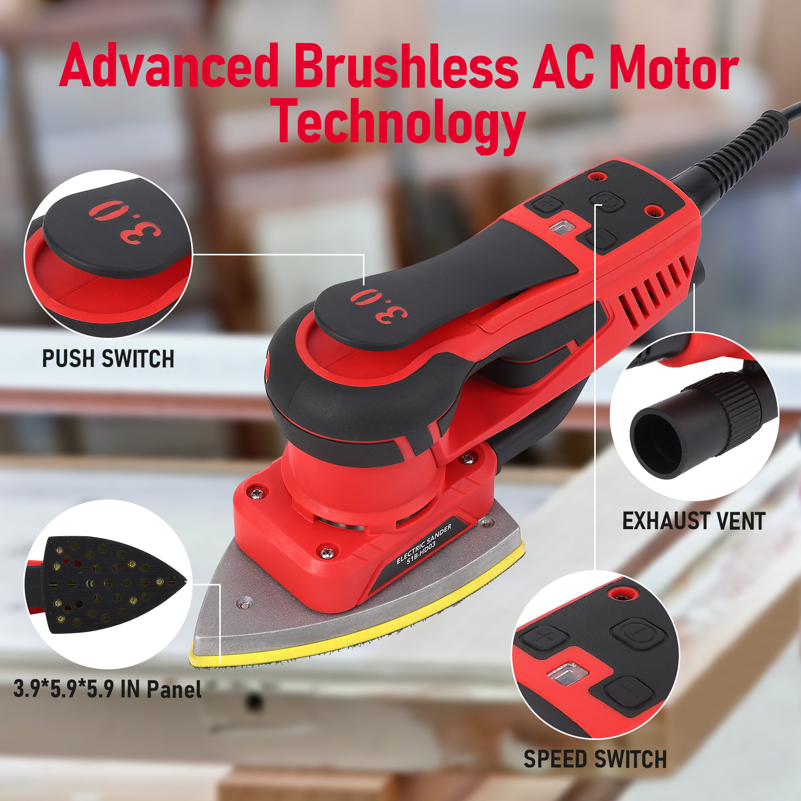 M optimized Electric Detail Sander with 12 Sanding Paper, 350W Brushless Motor Mouse Sander, Powerful & Low Vibration, 10000 RPM, for Wood Working, Polishing, Carpentry - Image 3