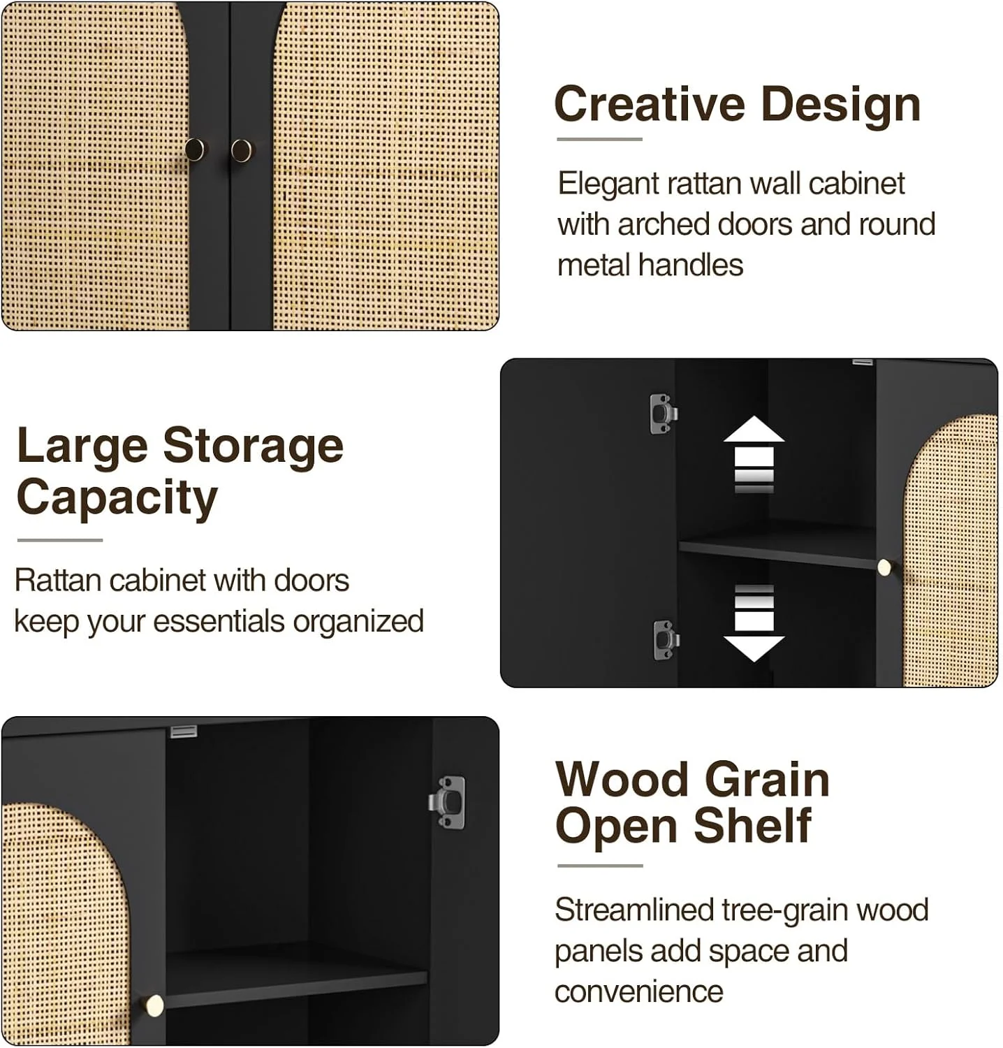 VEANERWOOD Rattan Bathroom Wall Storage Cabinet with Double Doors and Adjustable Shelves, Medicine Wall Storage Cabinet for Kitchen, Toilet, Bathroom - Image 15