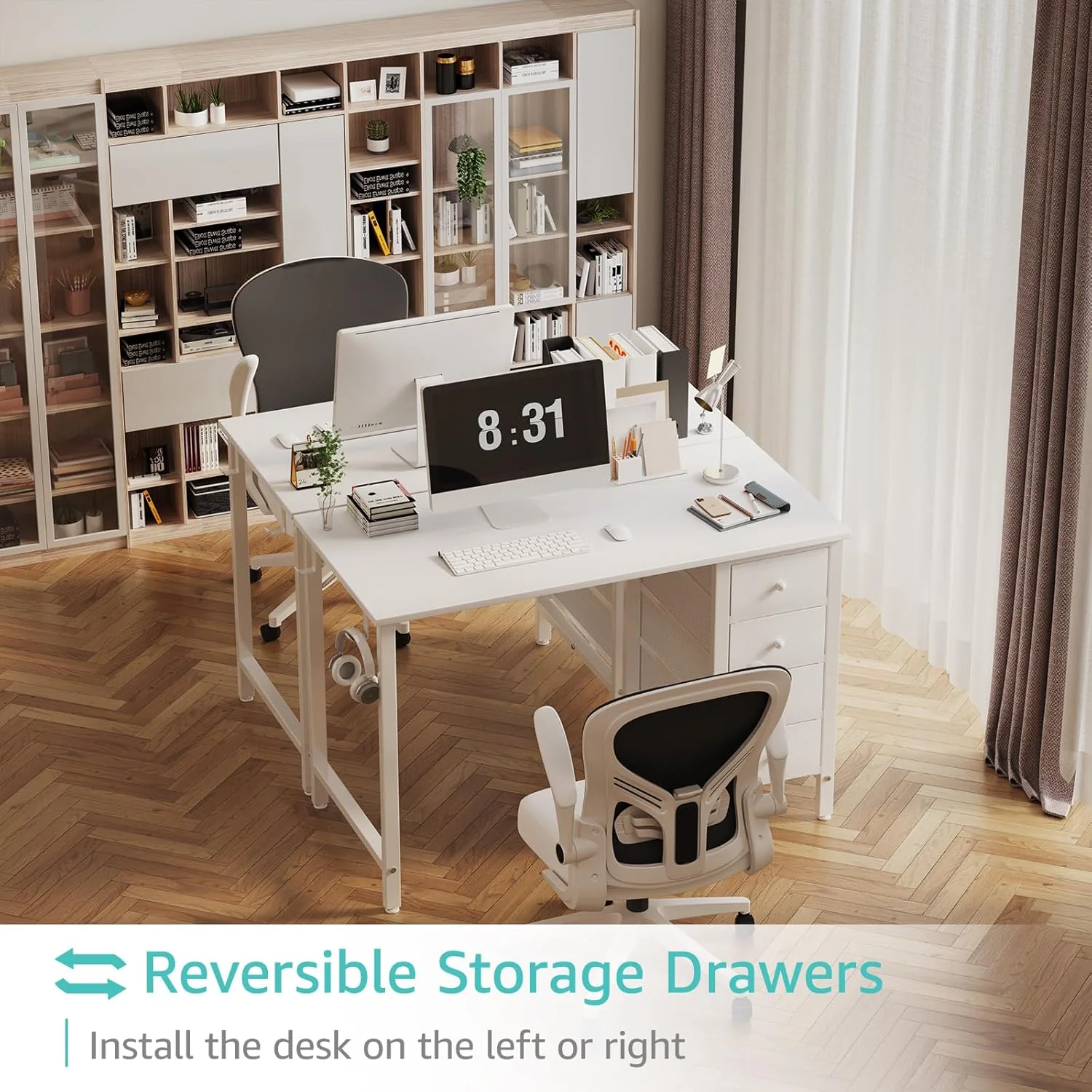 40 Inch Small White Desk with Fabric Drawers, Compact Computer Writing Desk for Home Office, Bedroom and Study - Image 4