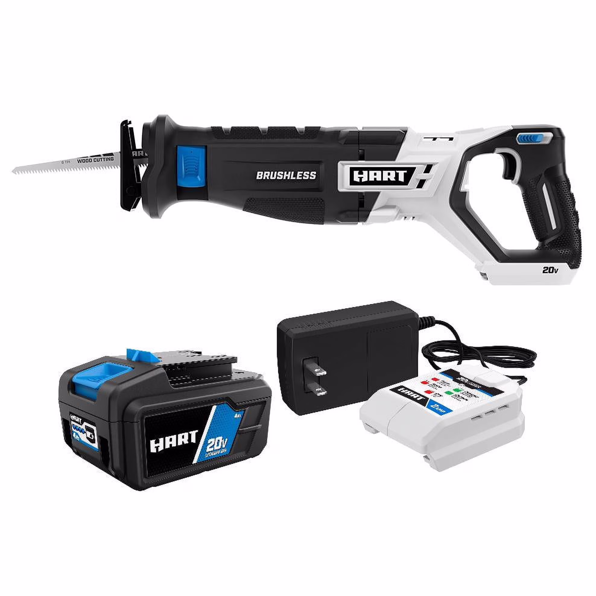 HART 20-Volt Brushless Reciprocating Saw with 4Ah Battery and Charger Starter Kit Bundle