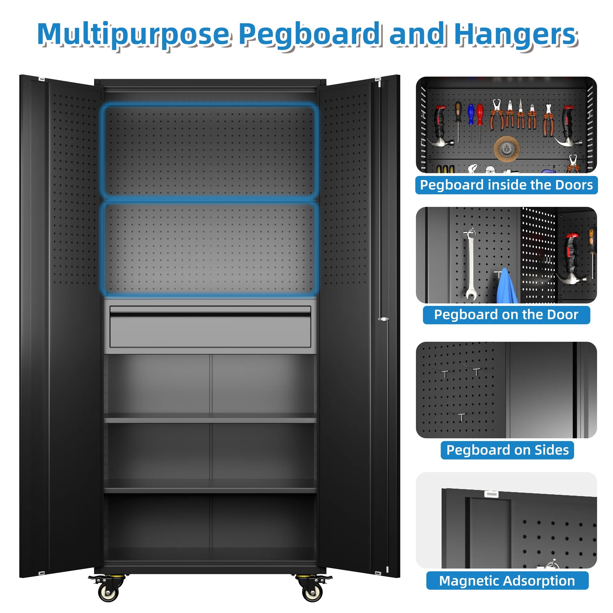 Gaeanet Rolling Tool Storage Cabinet with 5 Adjustable Shelves and Pegboard,Metal Garage Storage Cabinet with Wheels for Garage Home Office Utility Room,71" H-32" W-16" D,Required Assembly, Black - Image 117