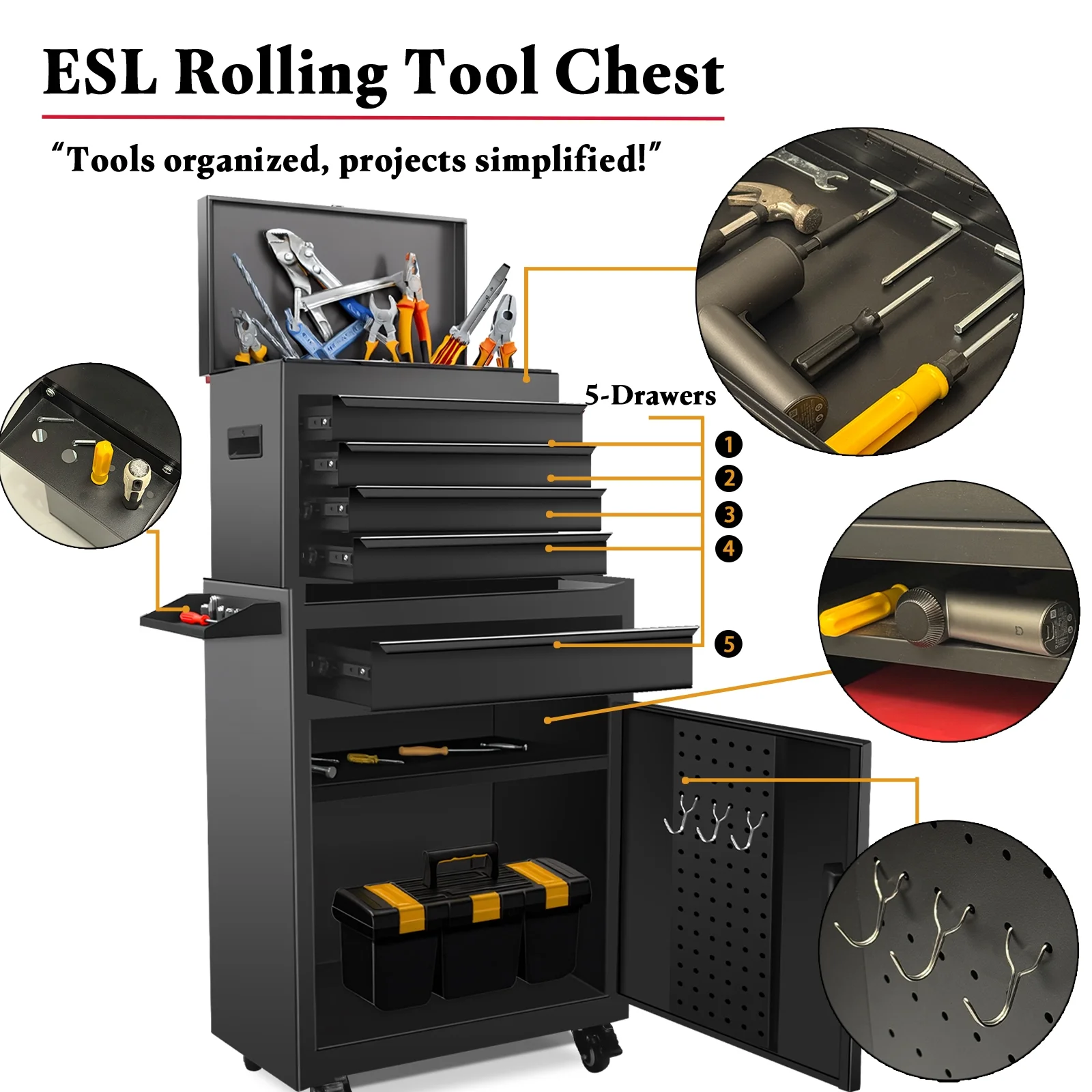 Rolling Tool Chest, 5 Drawers with Big Cabinet, Tool Trolley with 4 Universal Lockable Wheels and Lock Bar, Great Black Tool Cart for Garage Workshop, Sturdy Heavy Duty Tool Storage, Easy Assemble - Image 5