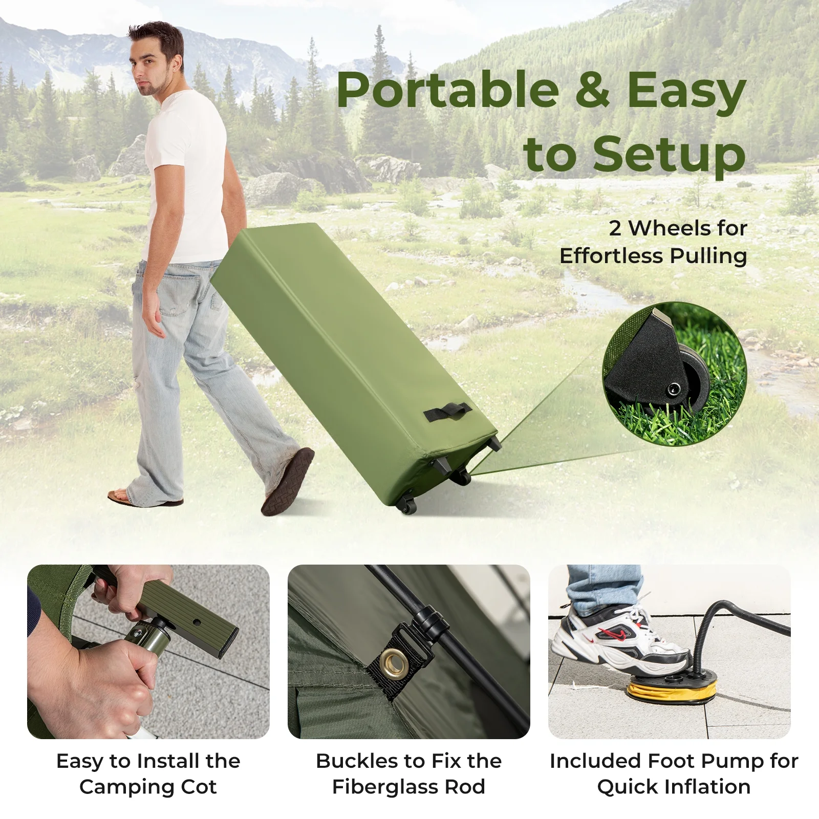 Patiojoy Folding 2-Person Camping Tent Cot Portable Pop-Up Tent with Sleeping Bag&Air Mattress for Outdoor Activity - Image 5