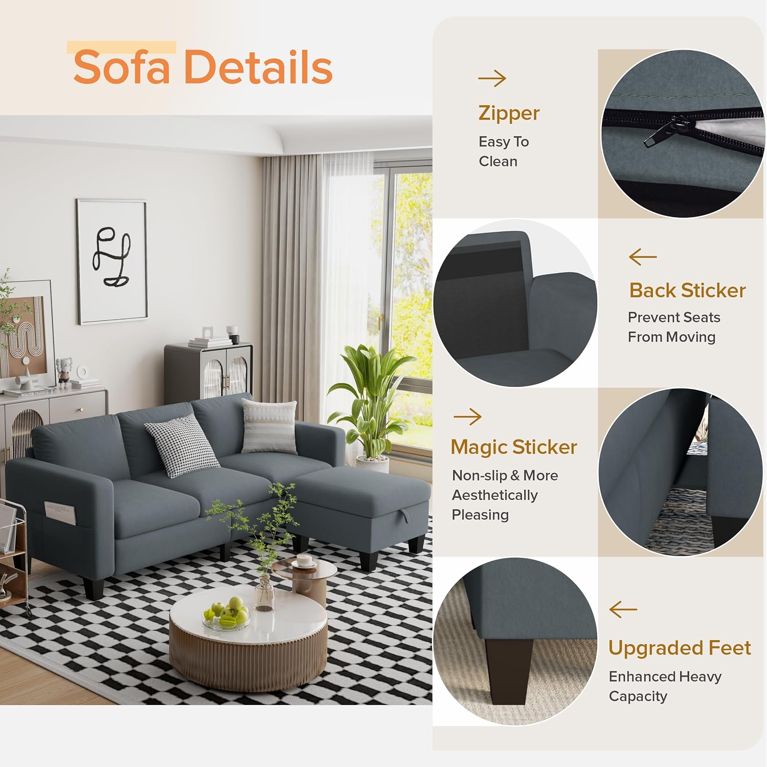 Convertible Sectional Sofa Couch,Classic 3 Seat L-Shaped Sofa with Movable Ottoman, Modern Dark Grey Velvet Fabric Upholstered Small Sectional Sofa Couch for Small Apartment Living Room Office - Image 6