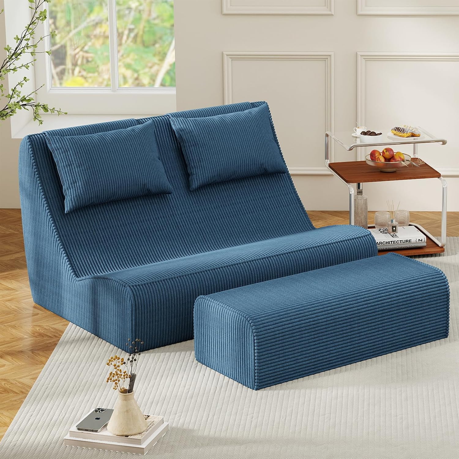 Loveseat Floor Sofa with Ottoman, Frameless 2-Seater Deep Seat Couch - Image 14
