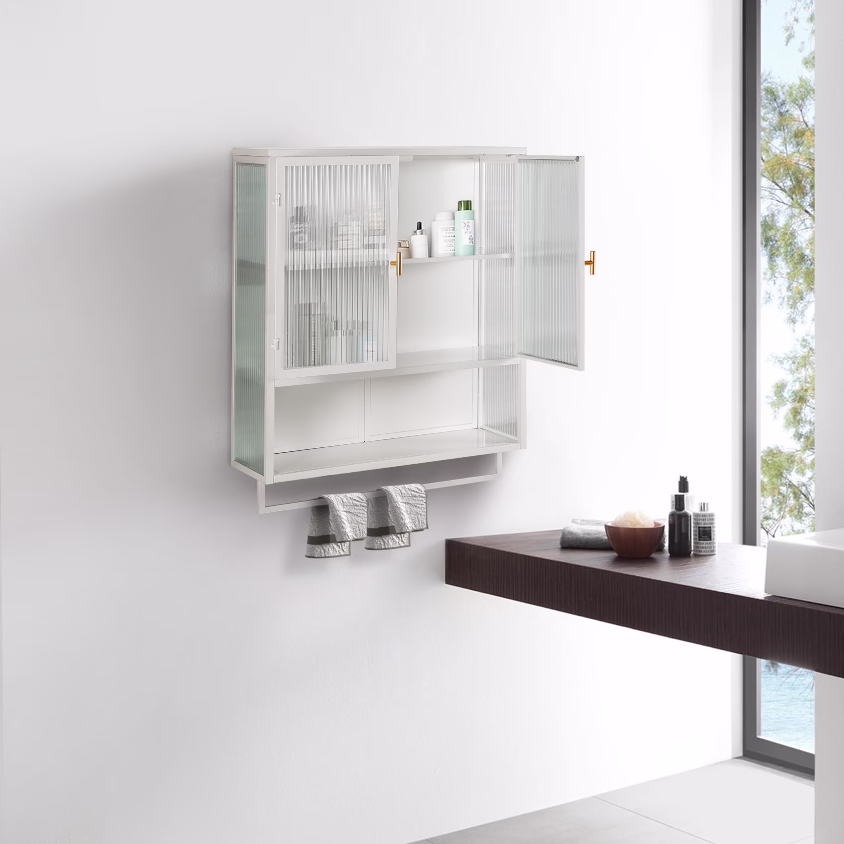 Two-door Wall Cabinet, Modern Kitchen Wall Mounted Cabinet with 2 Glass Doors, Two-tier Enclosed Storage, an Open Shelf, Towel Rack, Metal Wall Cabinet for Entryway, Living Room, Bathroom, White