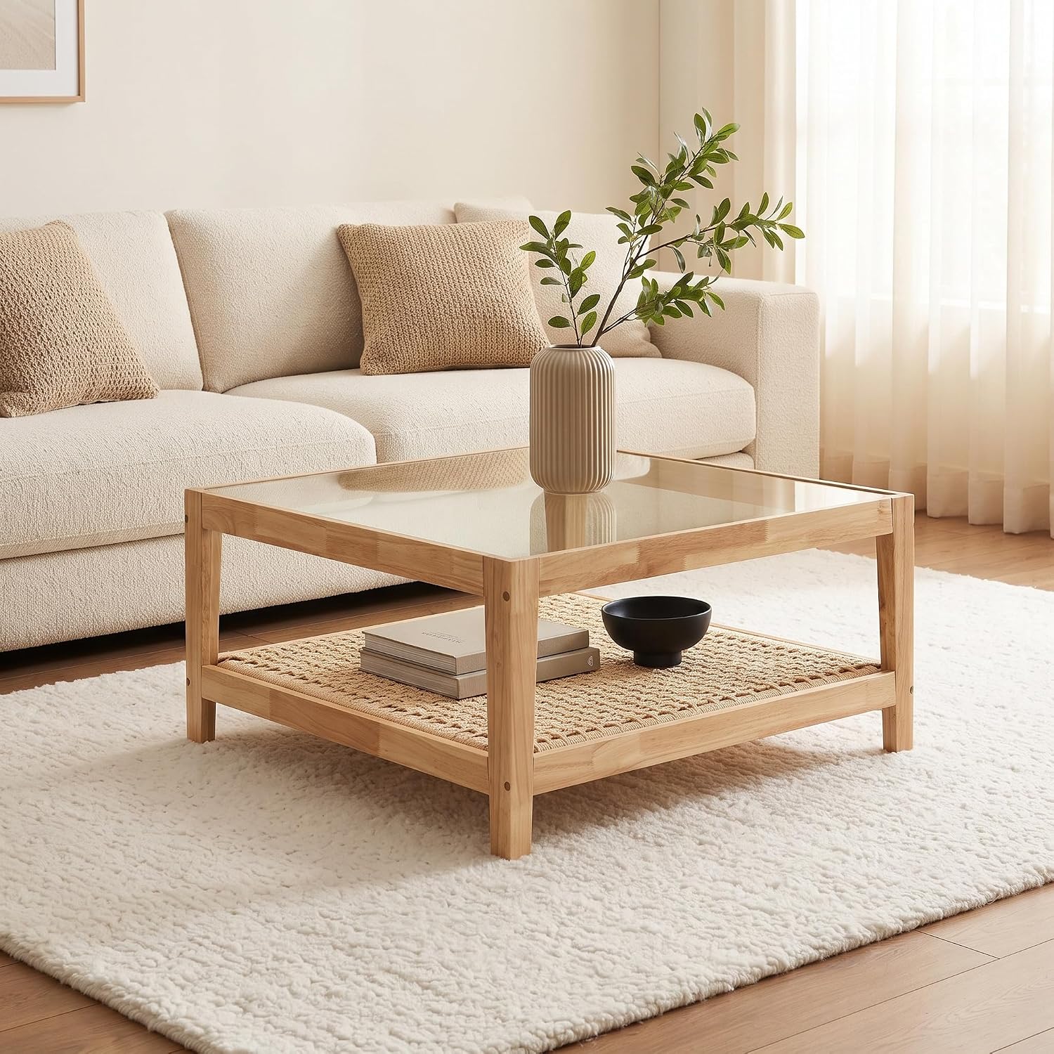 Modern Round Coffee Table, 30.7" x 30.7" x 16.1" Tempered Glass Top for Living Room, Color: Walnut