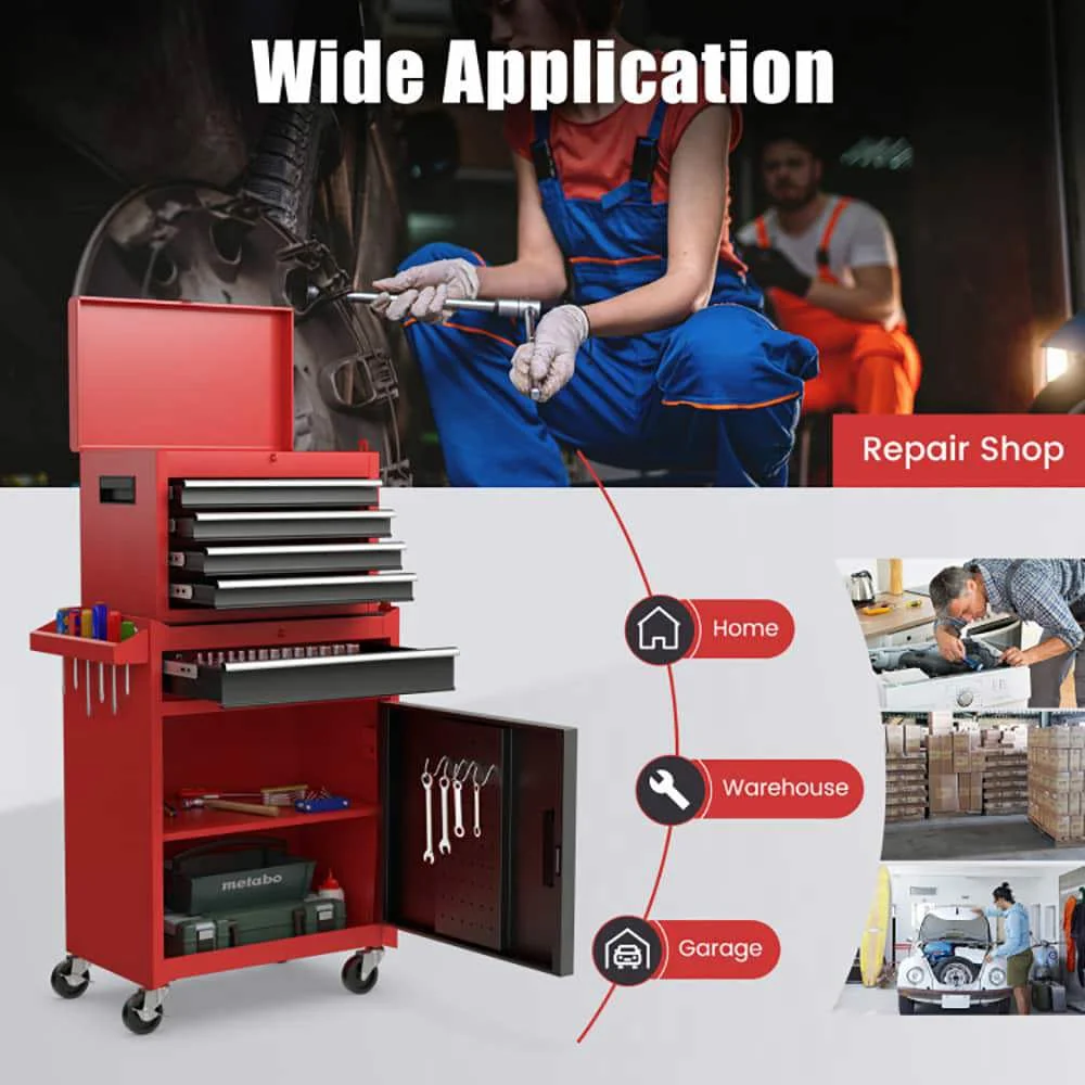 Demifill 2-in-1 Tool Chest and Cabinet with 5 Sliding Drawers, Large Storage Space and Detachable Design, Red - Image 16
