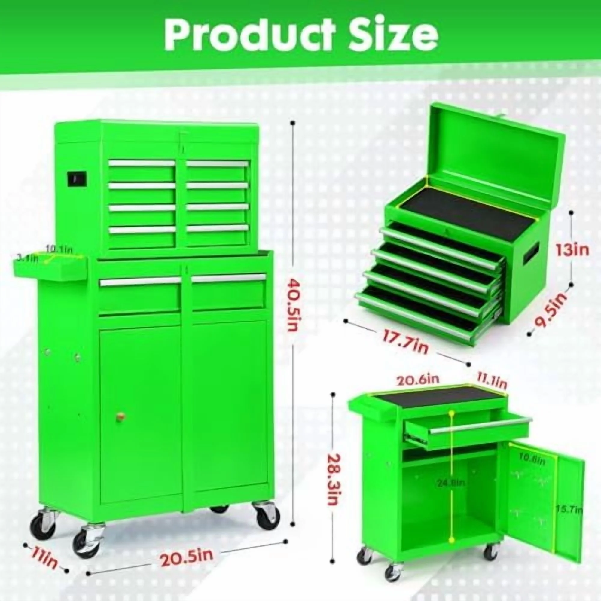 5-Drawer Rolling Tool Chest -C 2-in-1 Lockable Tool Box with Wheels, Sliding Drawers & Detachable Top -C Garage & Workshop Storage Cabinet, Green - Image 3
