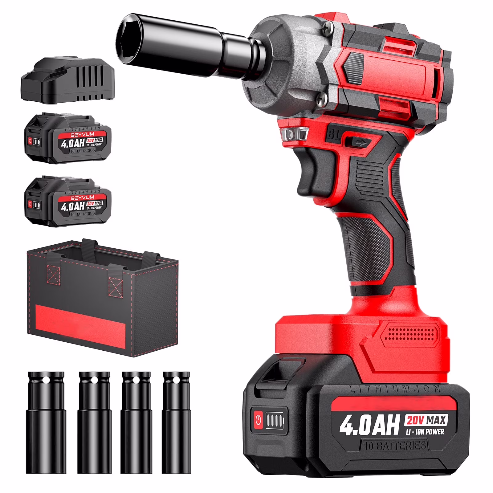 Cordless Impact Wrench, 1/2" Impact Gun, Max Torque 440 Ft-lbs (600 N.m) Heavy Duty Cordless Impact Driver, 3500 RPM Electric Impact Drill, 20V Brushless, 2x4.0Ah Li-ion Battery, 4Pcs Impact Sockets