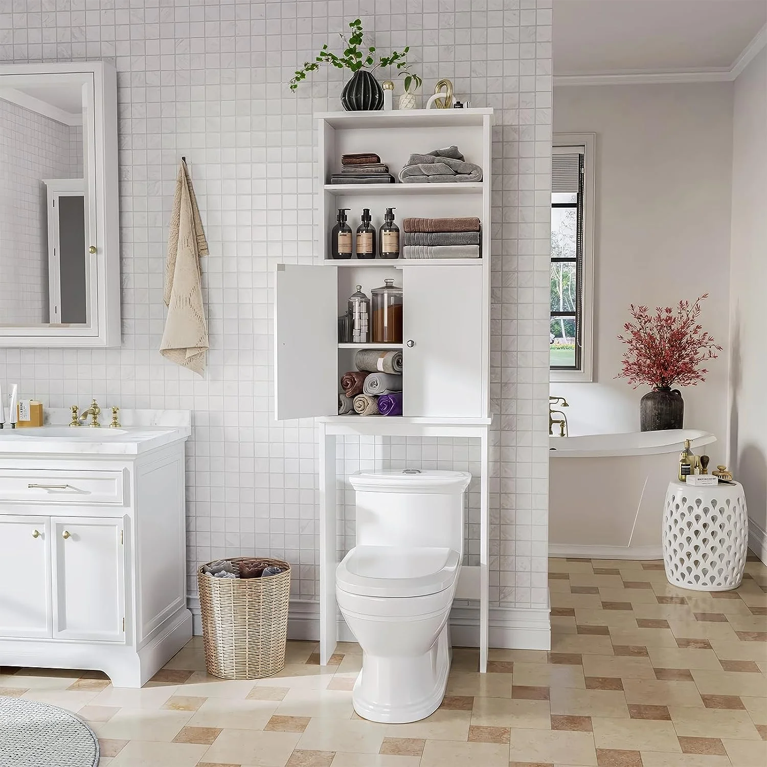 Sobaniilo Over The Toilet Storage Cabinet for Bathroom, Storage Organizer Over Toilet, Space Saver W/Adjustable Shelf & Open Storage Shelf, 75in, White - Image 4