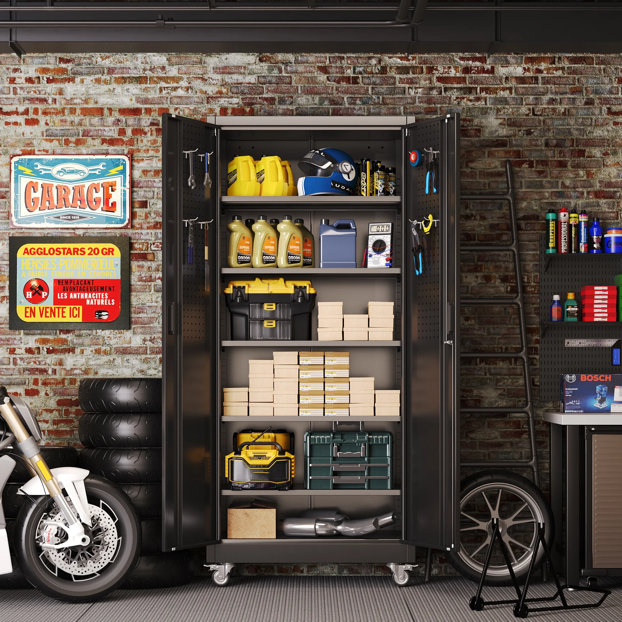 Gaeanet Rolling Tool Storage Cabinet with 5 Adjustable Shelves and Pegboard,Metal Garage Storage Cabinet with Wheels for Garage Home Office Utility Room,71" H-32" W-16" D,Required Assembly, Black - Image 6