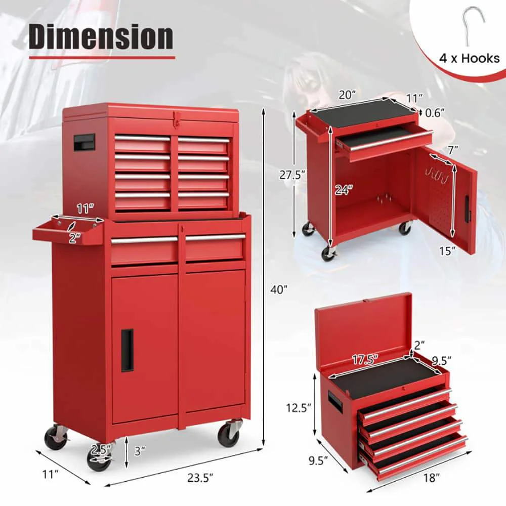 Demifill 2-in-1 Tool Chest and Cabinet with 5 Sliding Drawers, Large Storage Space and Detachable Design, Red - Image 11