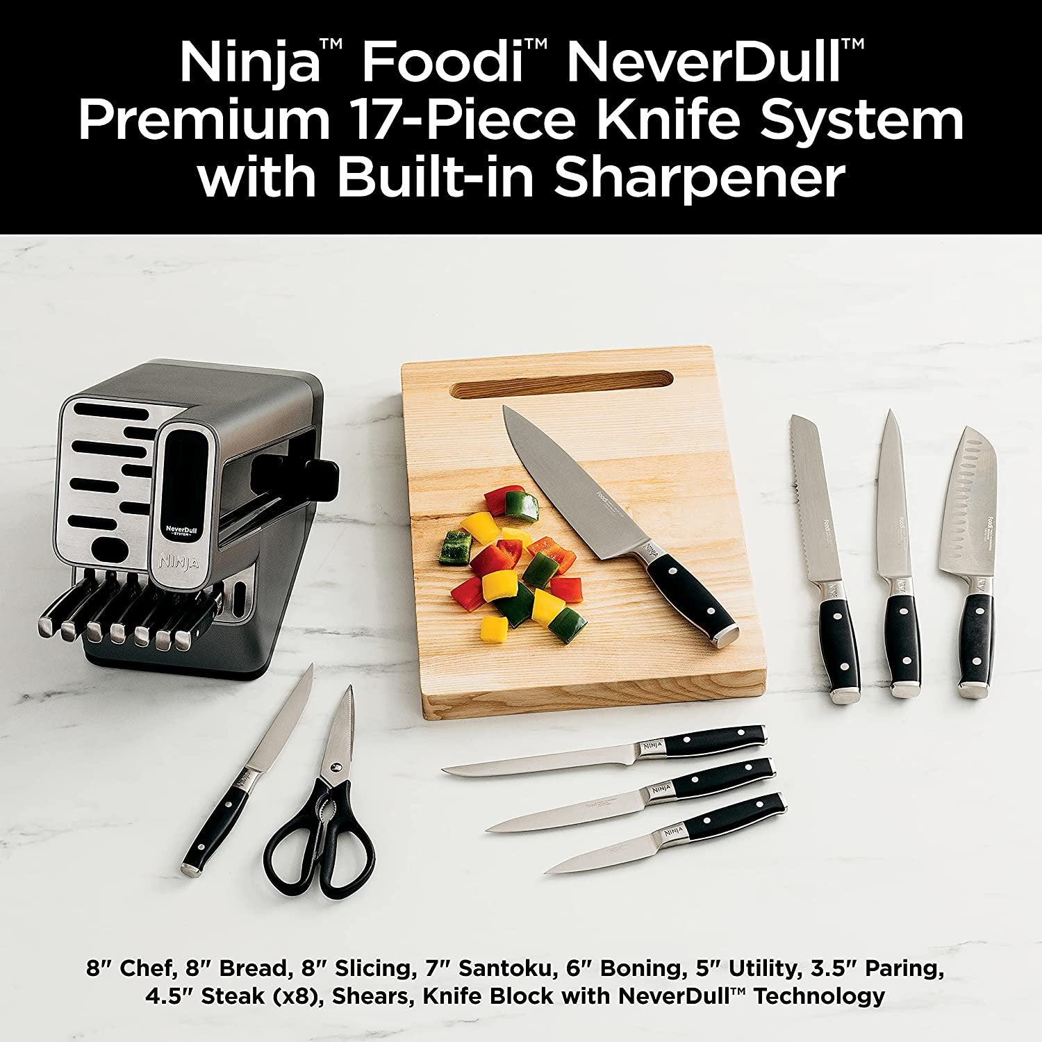 K32017 17 Piece Premium Knife System Block Set with Built-in Sharpener, Stainless Steel/Black - Image 4