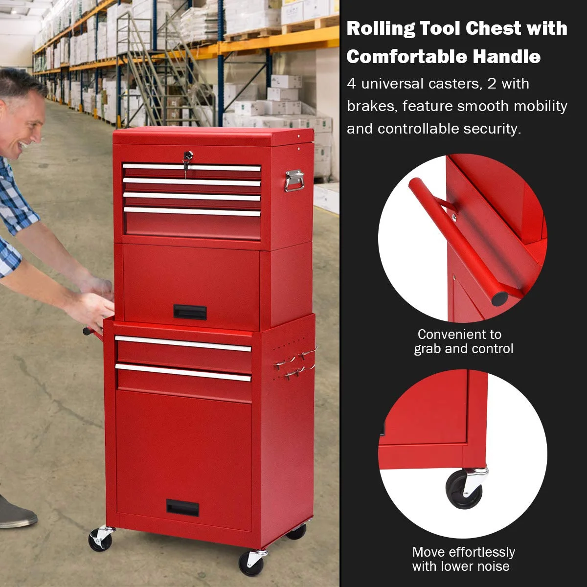 NIGSQJB 3-In-1 Tool Chest on Wheels with 6 Drawers, 52"H Tool Storage Cabinet with Auto Locking System,Detachable Top,Tool Box Organizer for Garage,Workshop,Repair Shop,DIY, Red - Image 7