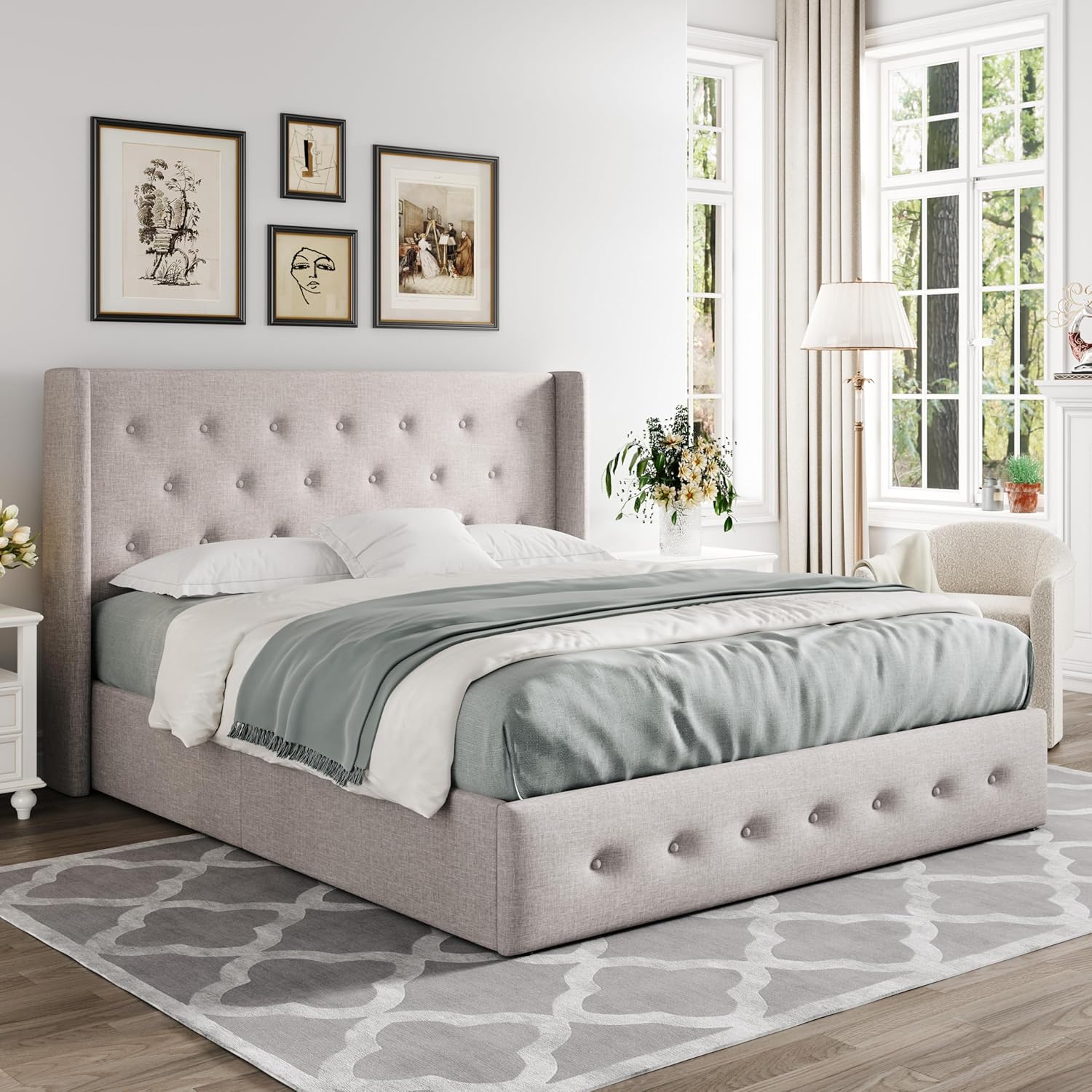 Queen Size Lift Up Storage Bed with Wingback Headboard, Upholstered Platform Bed Frame with Hidden Storage - Image 130