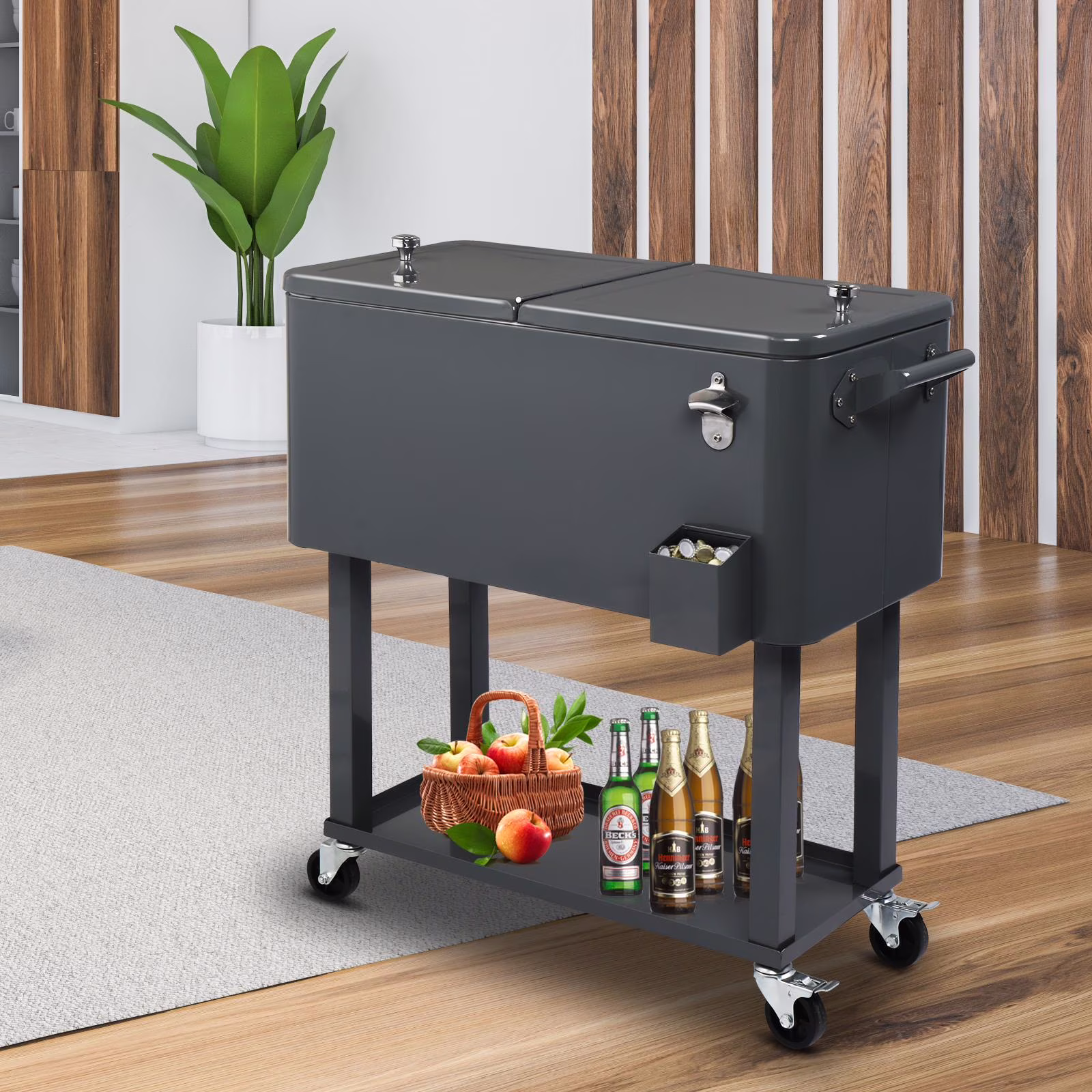 EasingRoom Iron Spray Plastic Patio Cooler Cart with Tray Cooler with Shelf Green - Image 3