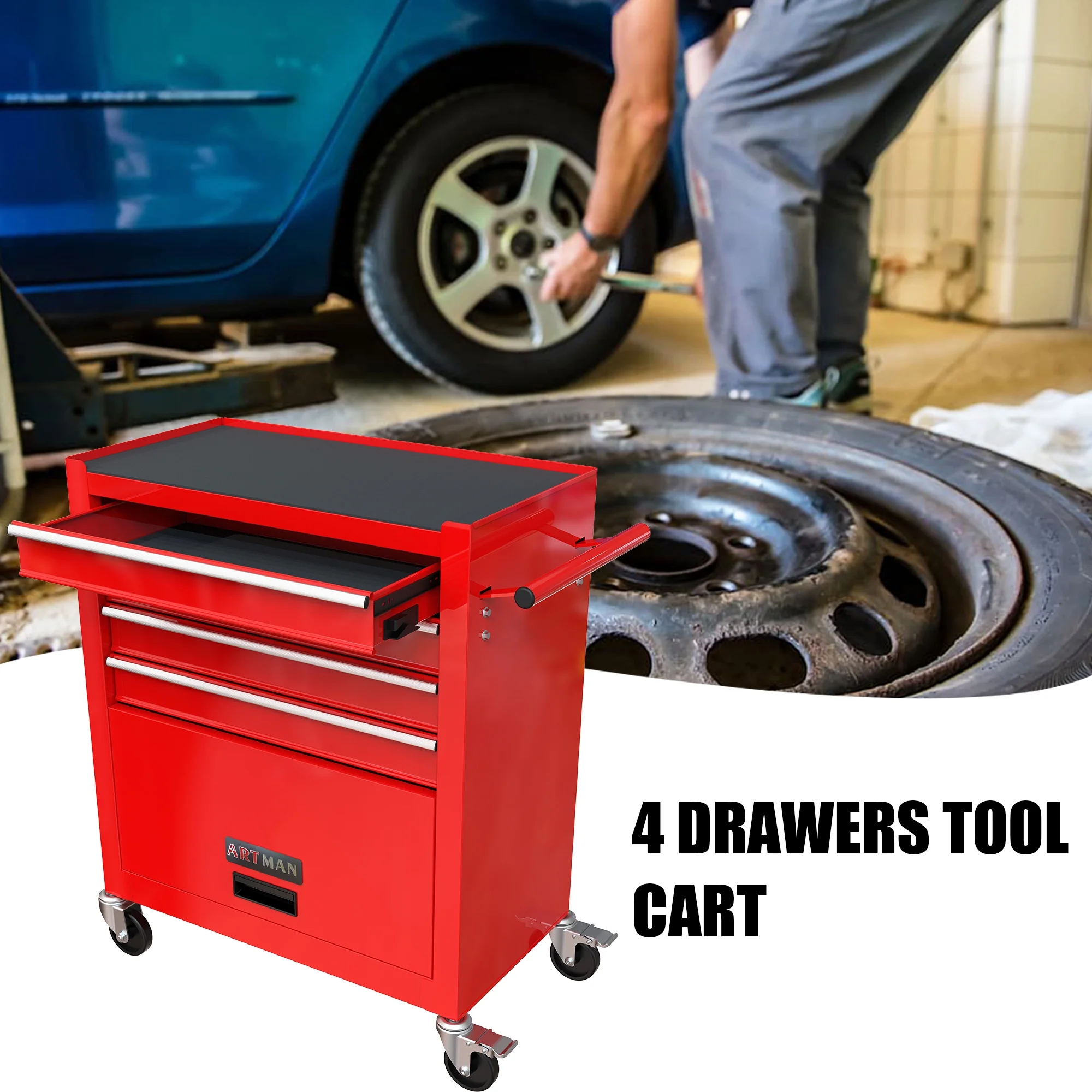 4 Drawers Multifunctional Tool Cart with Wheel Steel Tool Chest Storage Cabinet - Image 11