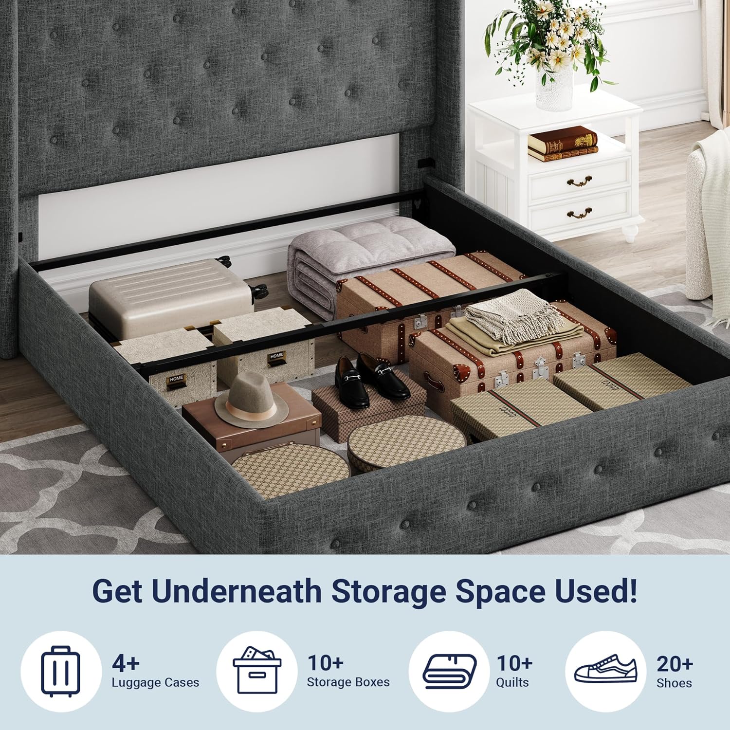 Queen Size Lift Up Storage Bed with Wingback Headboard, Upholstered Platform Bed Frame with Hidden Storage - Image 147