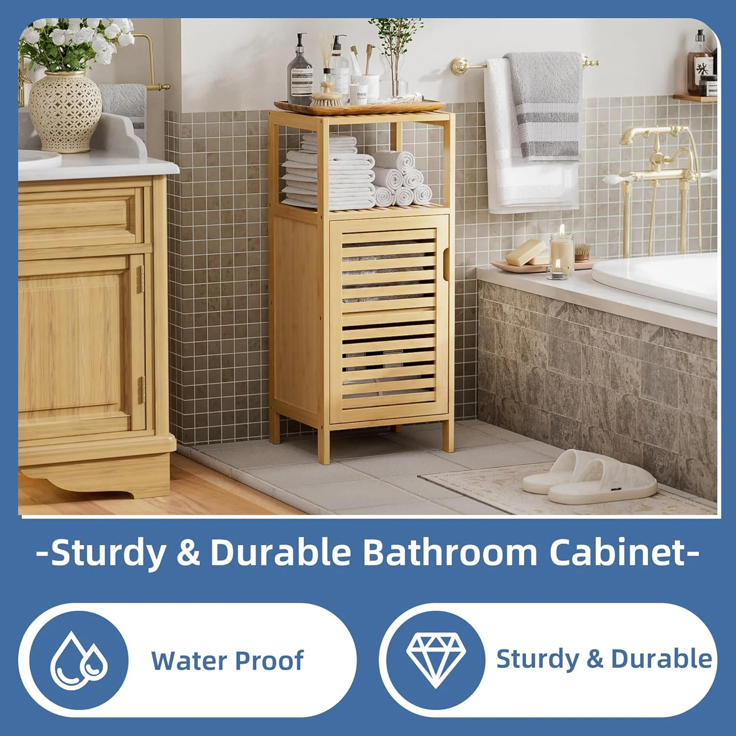 Bathroom Cabinet, Bamboo Floor Cabinet Free Standing, 4 Tier Sofa Side Storage Cupboard for Living Room Kitchen Bedroom - Image 5