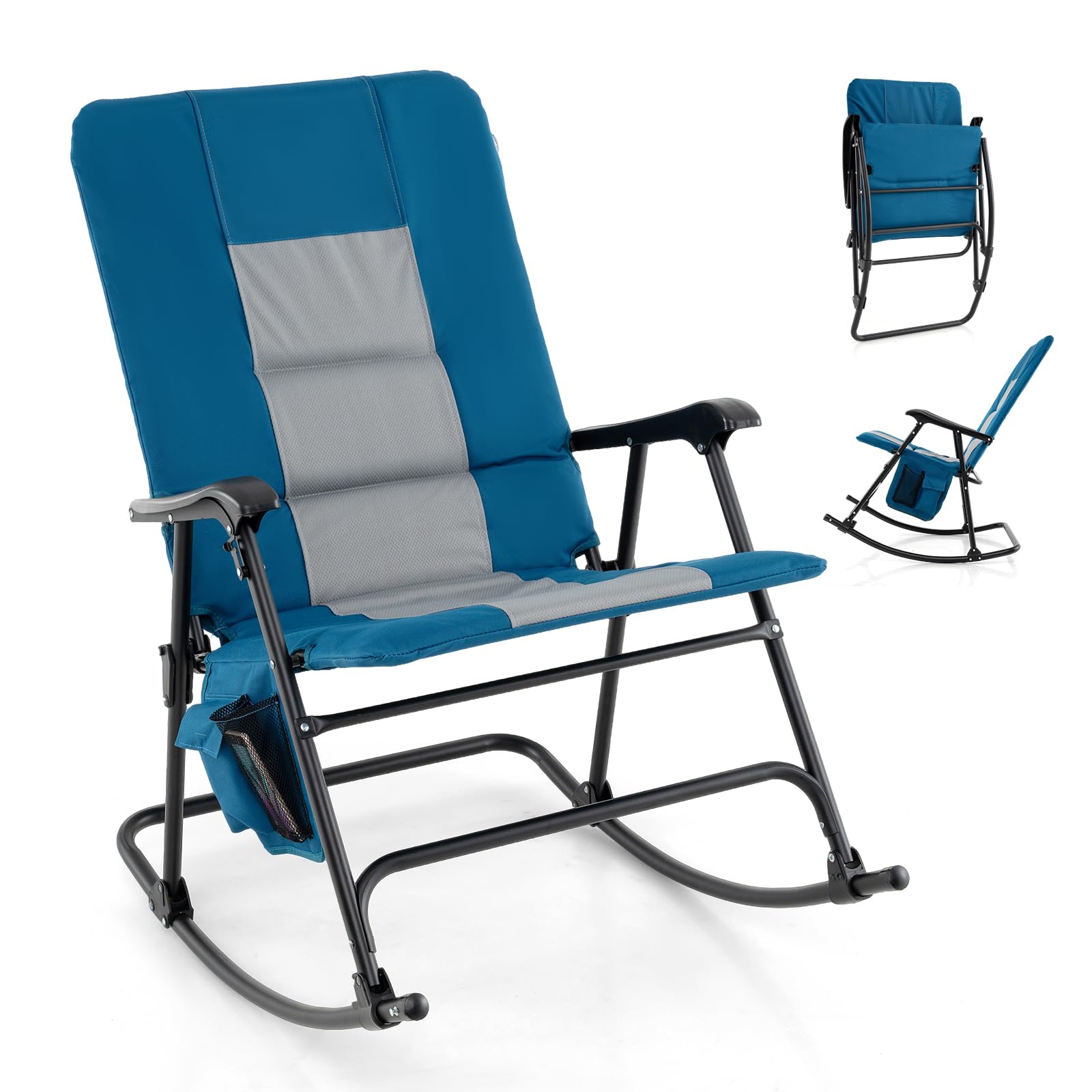 Oversized Folding Rocking Chair – Padded Patio Lounge with Metal Frame & Side Pocket - Image 3