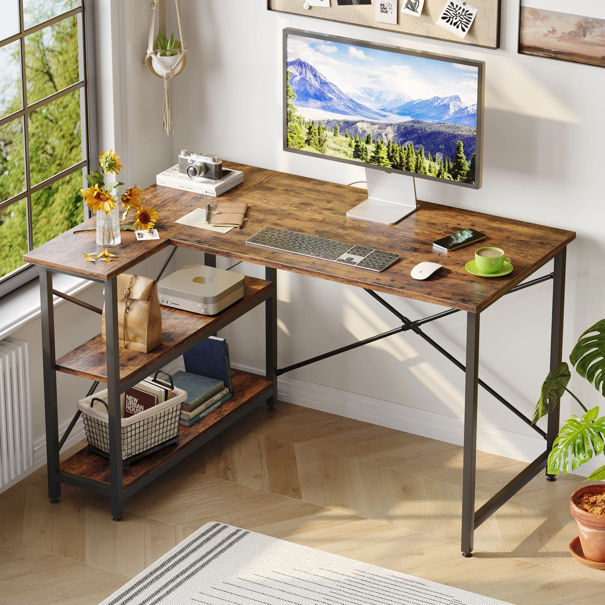Small L Shaped Computer Desk with Storage Shelves, Compact Corner Workstation for Home Office and Study - Image 111
