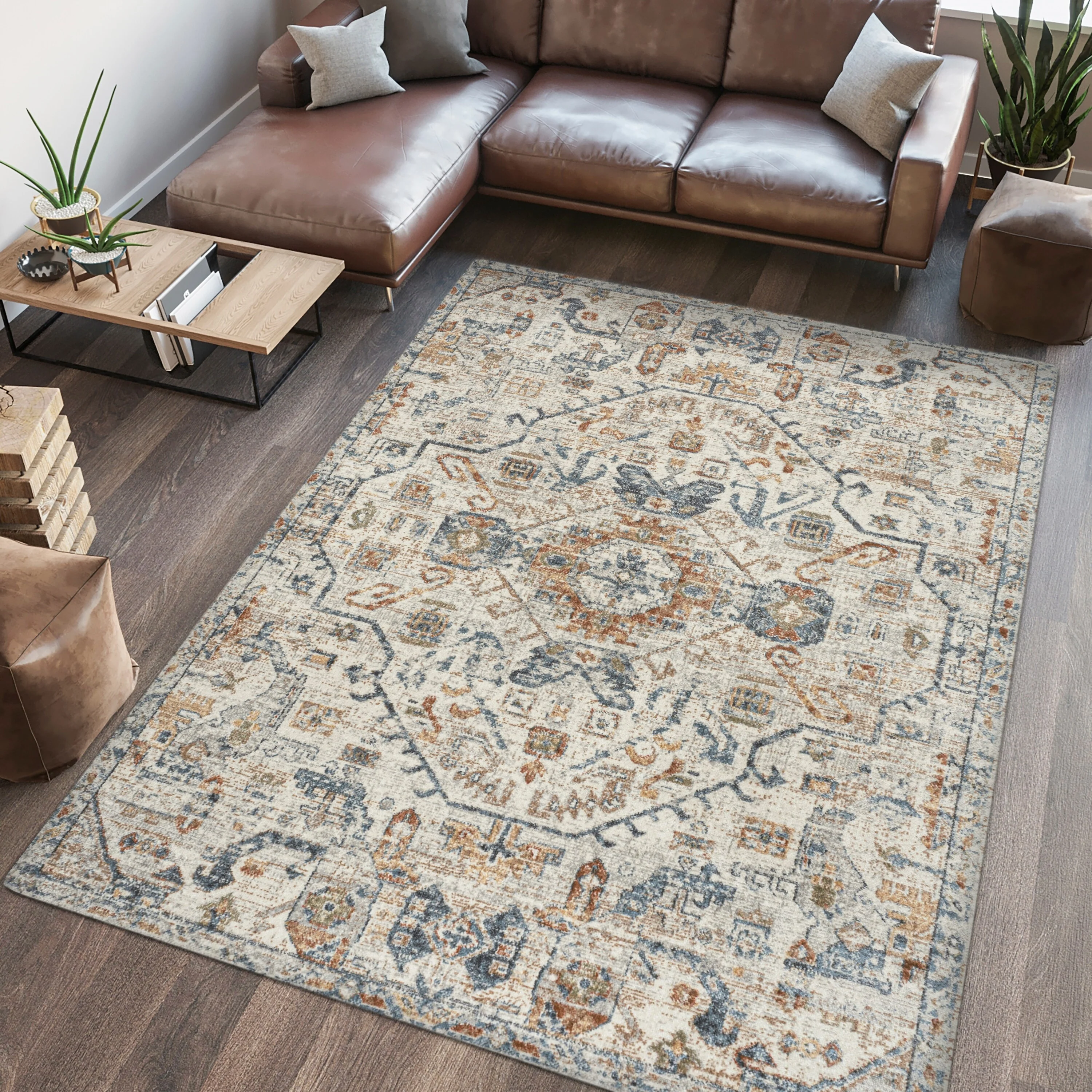 Bohemian Medallion Low-Pile Machine-Washable Area Rug, Cream and Terra - Image 44