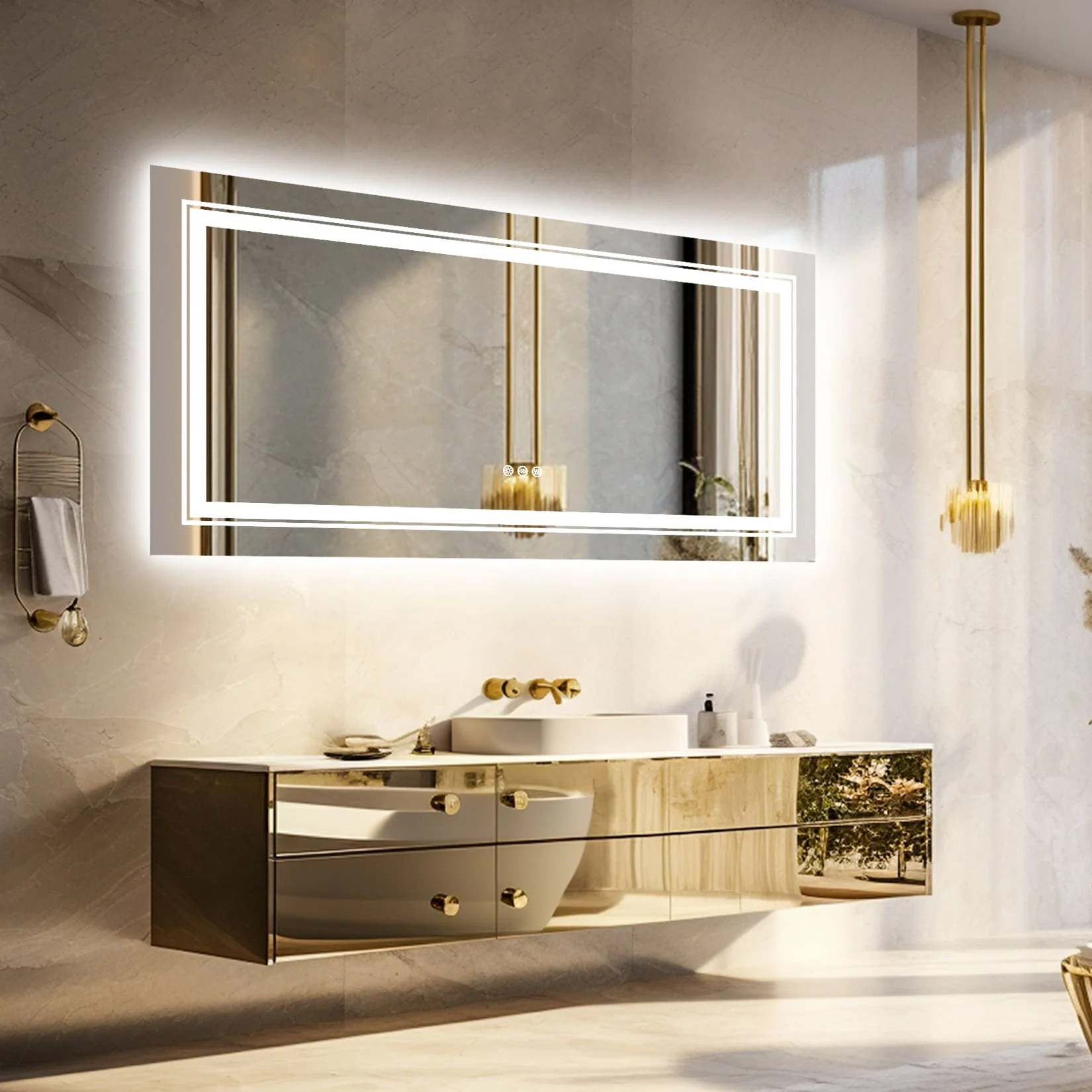 Extra Large LED Lighted Bathroom Mirror, Anti-Fog Wall Mounted Vanity Mirror with 3 Colors - Image 34