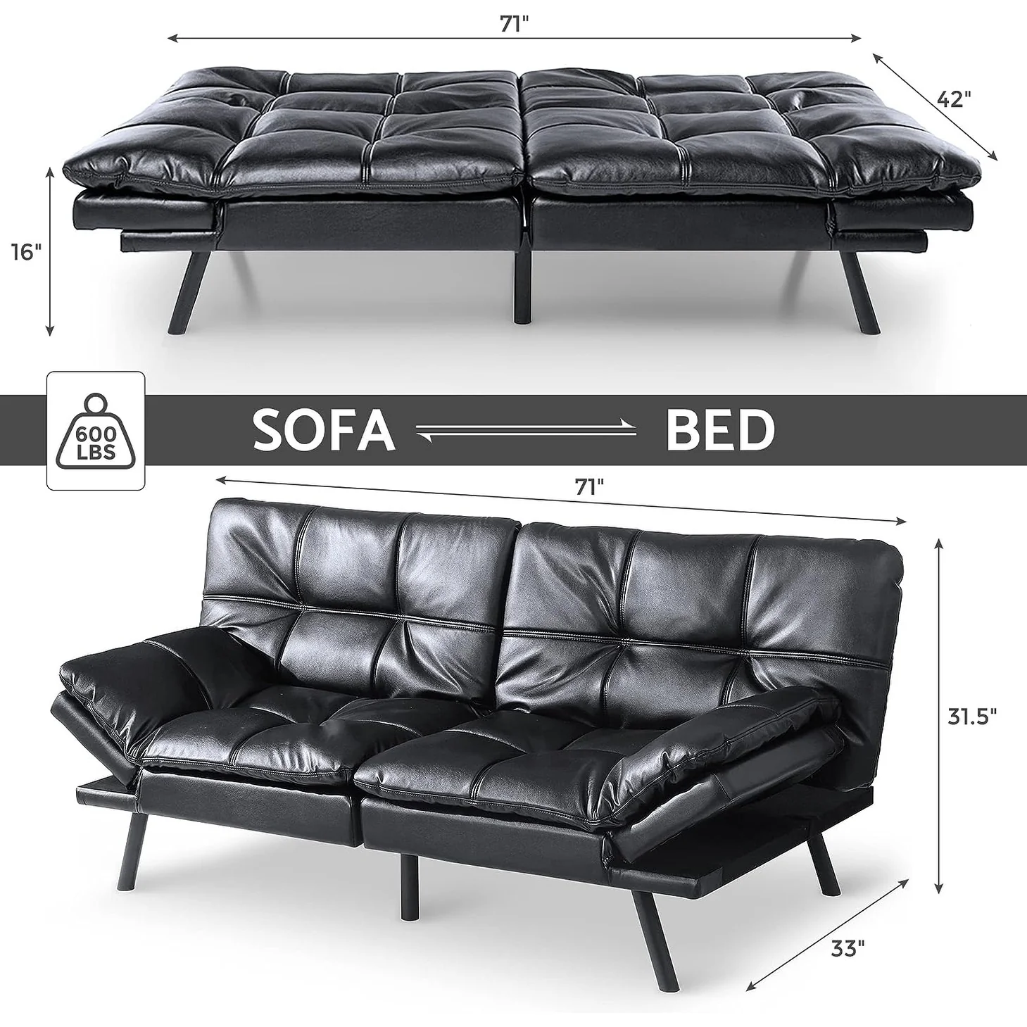 Convertible Futon Sofa Bed with Memory Foam, Foldable Loveseat Sleeper with Adjustable Armrests - Image 19
